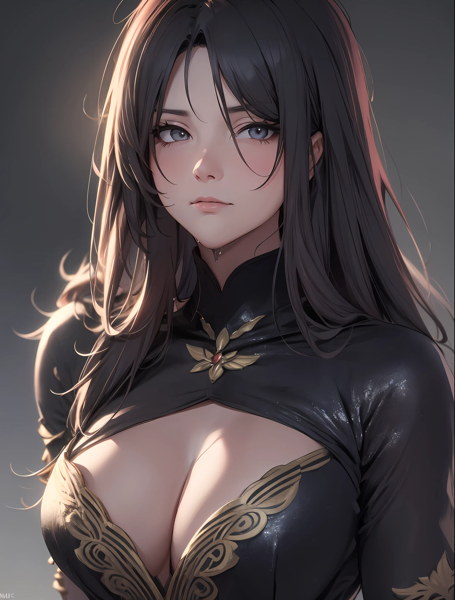 16k, hdr, rtx, raytracing, radiosity, Anisotropic Filtering, subsurface scattering, award-winning, night, dark, Trending at Art Station, Best Quality, masterpiece, Absurdity, Beautiful Muscle Mature Mystic Woman, Sexy Neck Dress, cleavage,Large, hair long, A beautiful, night, soft lighting, wet, Lustrous Skin, fantaisie,