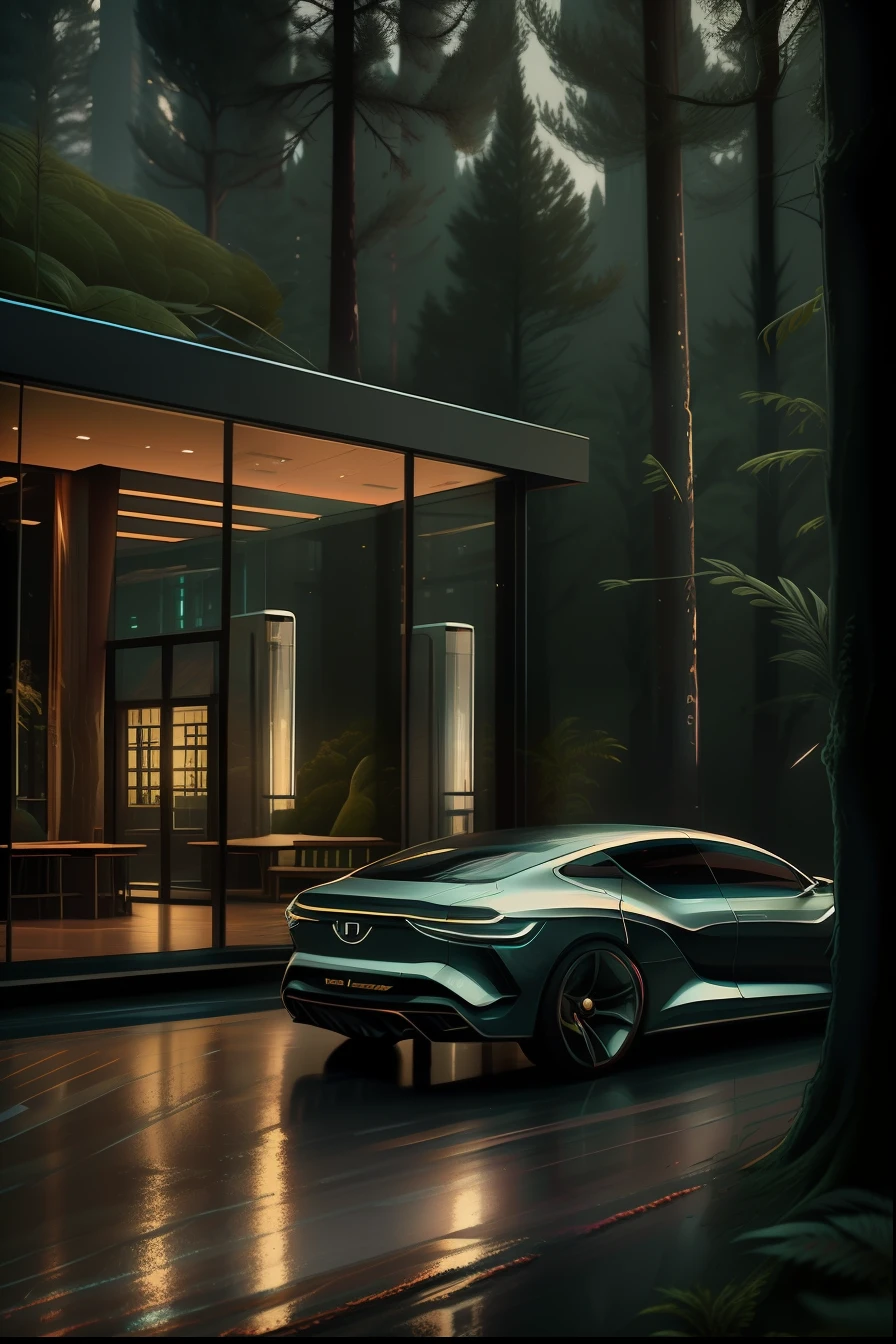 a close up of a car parked in front of a building, futuristic product car shot, sleek utopian design, author:Emma Andievska, minimalistic house in the wood, placed in a lush forest, inspired by Harry Haenigsen, elegant render, elegant photorealistic cinematic, cinematic shot ar 9:16 -n 6 -g, daily render