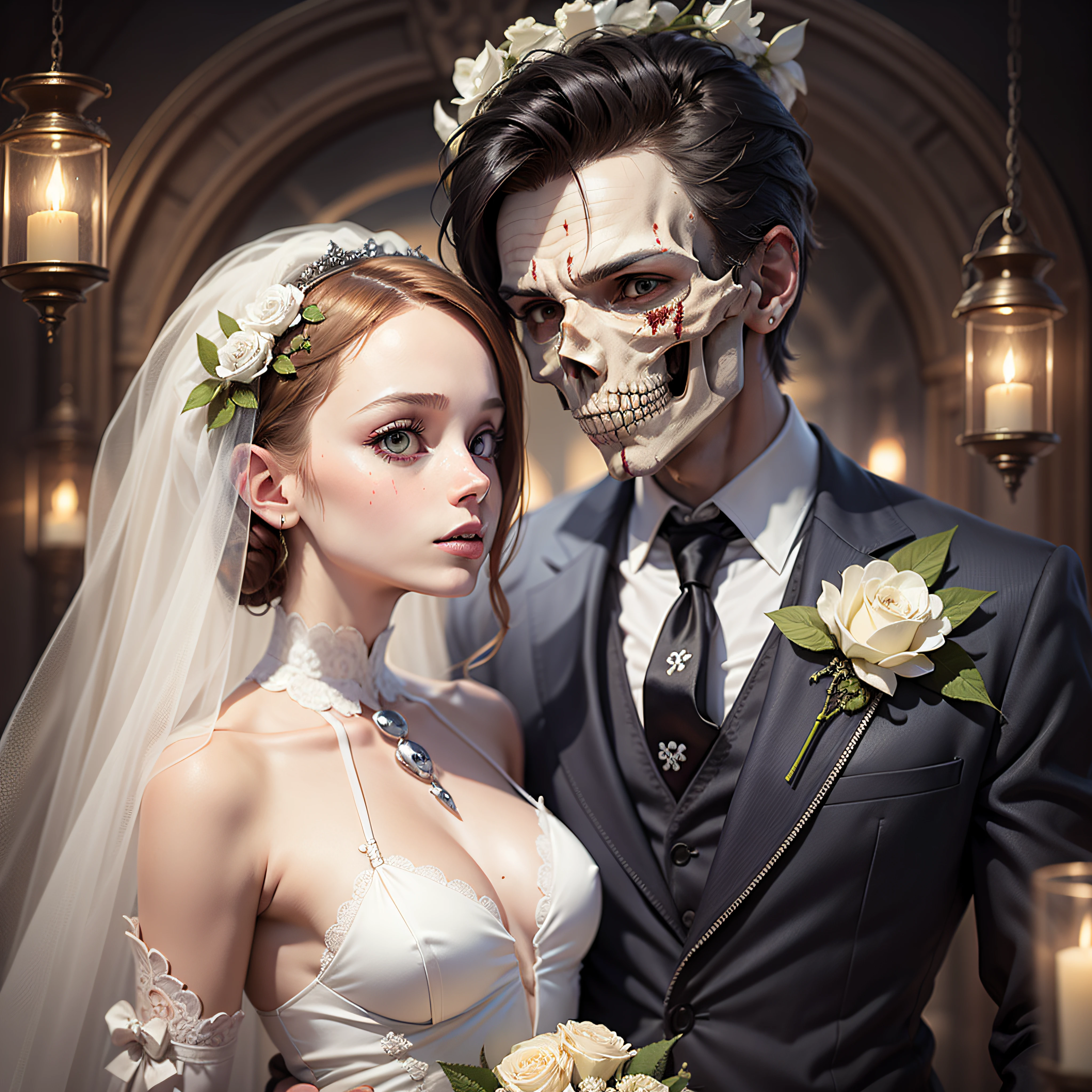 detailed background, skull, spider, spider web, mysterious lighting, mystic atmosphere, gloomy, horror \(theme\), blood, 1girl, 1boy, looking at another,
BREAK
(masterpiece,best quality:1.5),
BREAK
1girl, skeleton, skull, skullgirls, white wedding dress, white flowers on hair, holding flower,
BREAK
1boy, skeleton, skull, skullboys, black vest, flower vest ornament, necktie,
