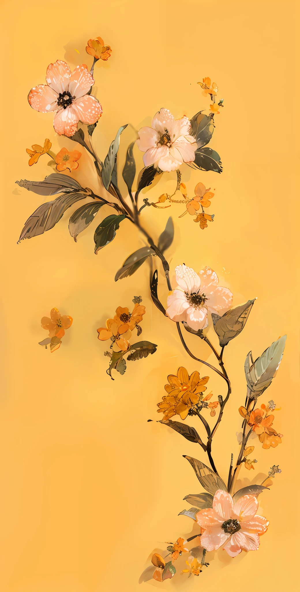 there is a painting of flowers on a yellow background, flores de ouro, floral painted backdrop, Detalhes florais, ocre detalhes, tons de amarelo, flores e ouro, Flores douradas, chaotic gold leaf flowers, bordados florais, flores com detalhes intrincados, flores detalhadas, flores em flocos de ouro, pintado em seda, rendas florais, motivos florais, Tinta e cor em seda 8K, 16k, 32,