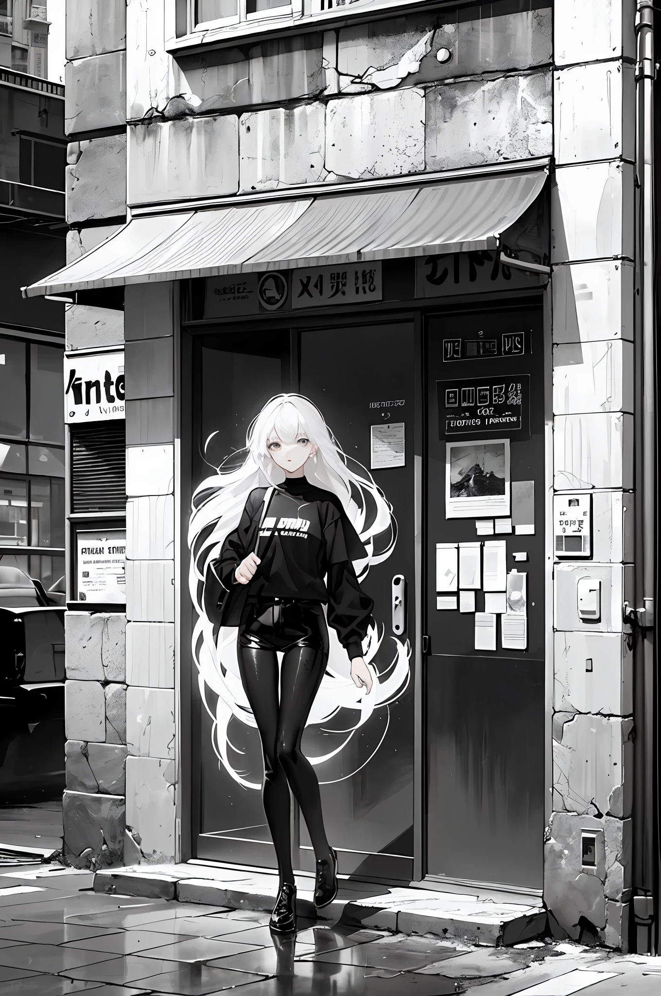 (A poster in street art style),(The character is a white-haired girl),Bold brushes,Fine detail rendering,(High-contrast black and white effect),(Street scenery as the background),(Artistically enhanced special effects)。
