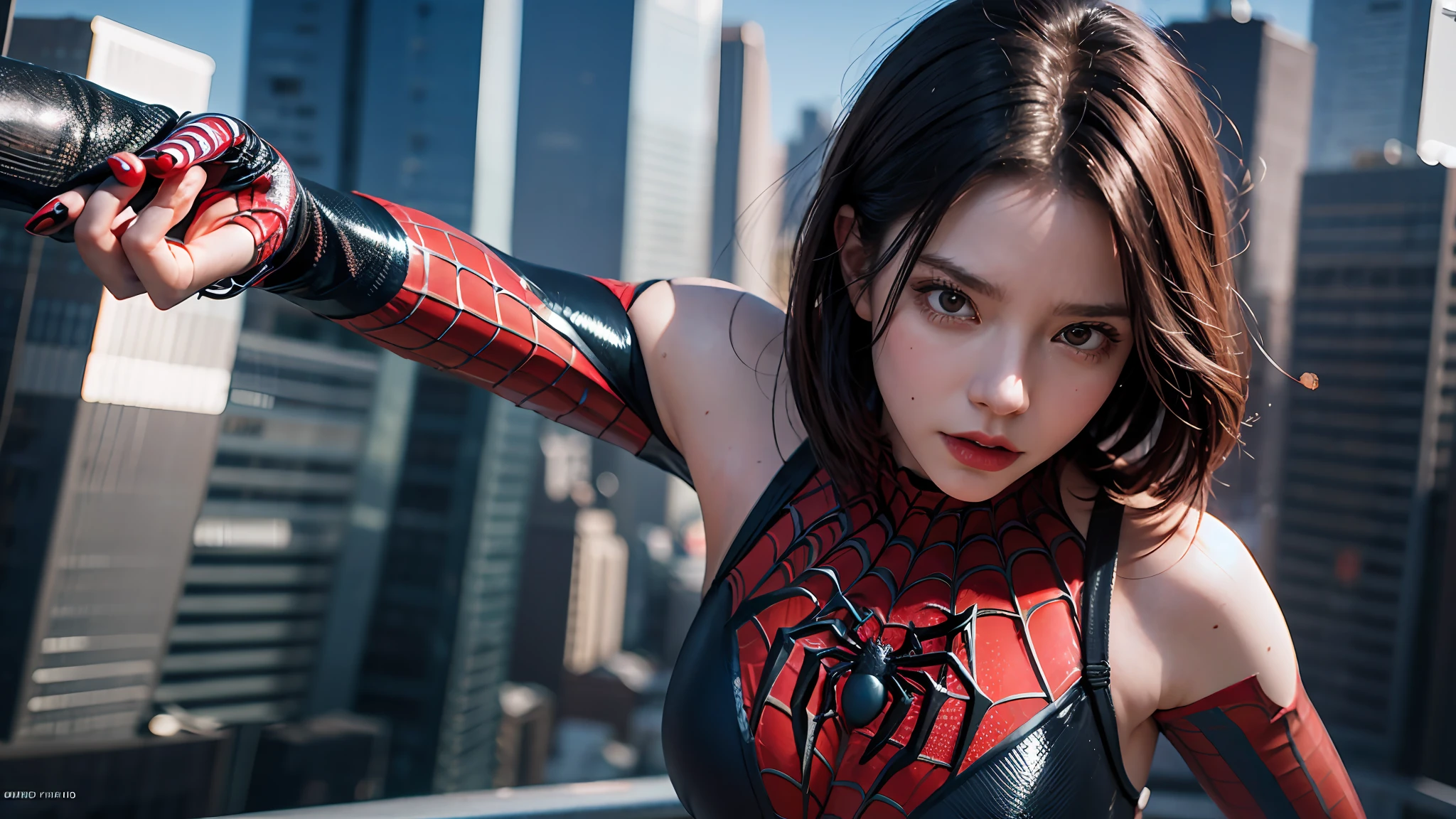 spider - girl in a suit is flying through the air in front of a city, hq 4k wallpaper, futuristic style spidergirl, spider girl , spider-girk, spider - girl, gwen stacy as spiderman, highly detailed spider - man, cinematic, spider-girl in sexy suit, show cleavage, skimpy costume, show more skin, 4k wallpaper, cinematic 4 k wallpaper, wallpaper 4k, wallpaper 4 k, amazing wallpaper, spiderman, portrait of spidergirl,