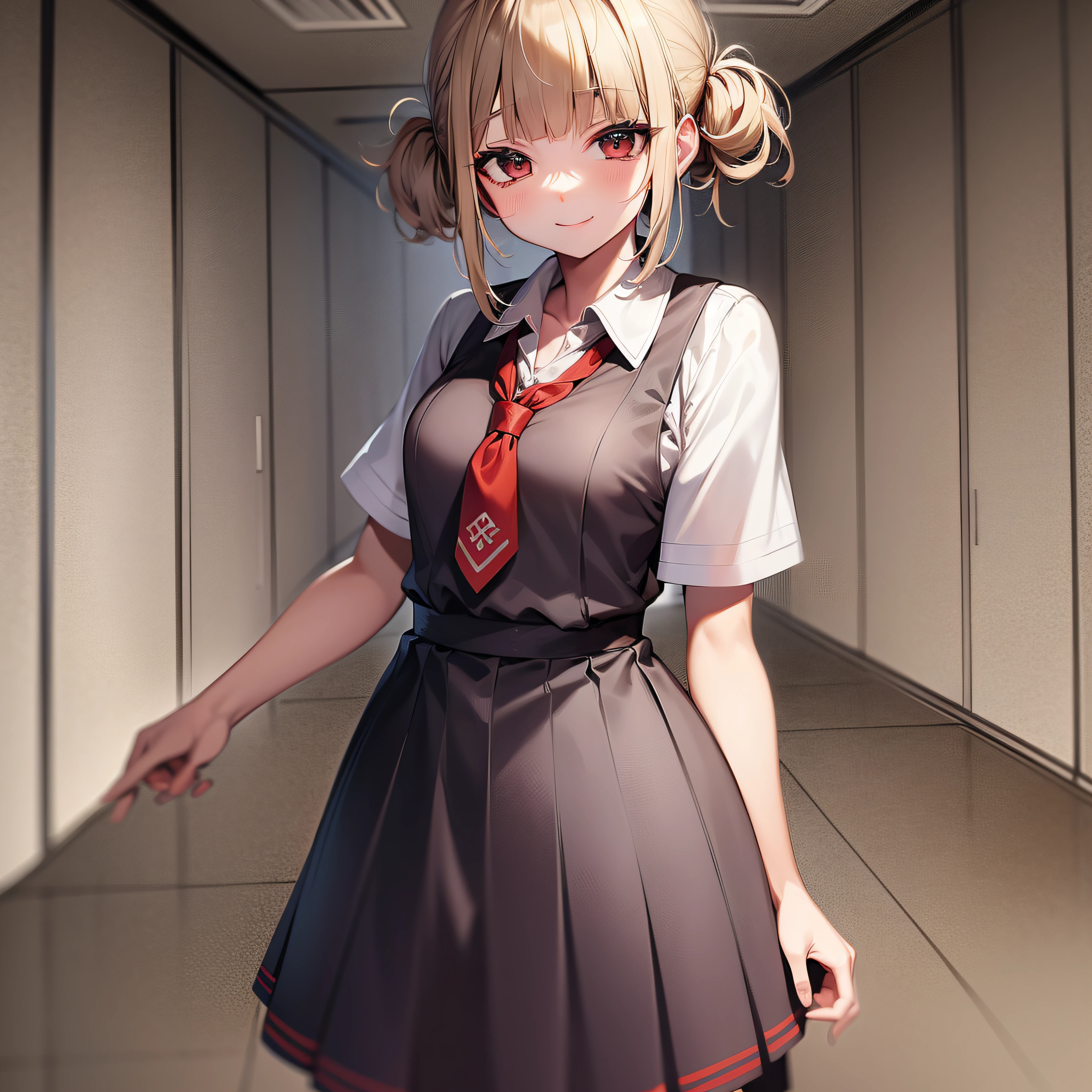 A 158 centimeters and 17 year old girl with short blonde hair and gray eyes wearing a anime school outfit while standing in front of blue lockers looking very shy, Anime, SFW, Medium Size Chest, Best Quality
