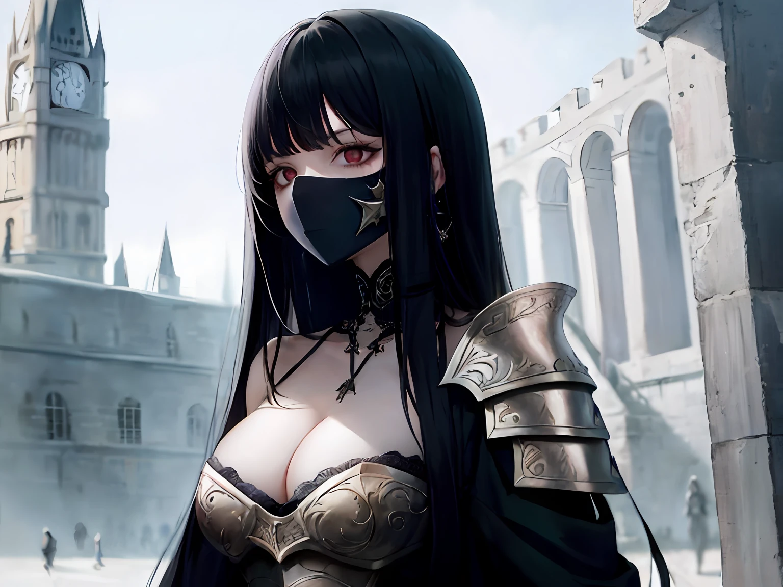 Mature girl，Full upper body portrait，The head should not be too big，Undead warriors，The undead，Transform people，Pale skin，Mask mask，Long white hair，Red eyes，Gorgeous accessories，masterpaintings，sexy cleavage，Armour，Slender，Parted bangs，Stone building in the background