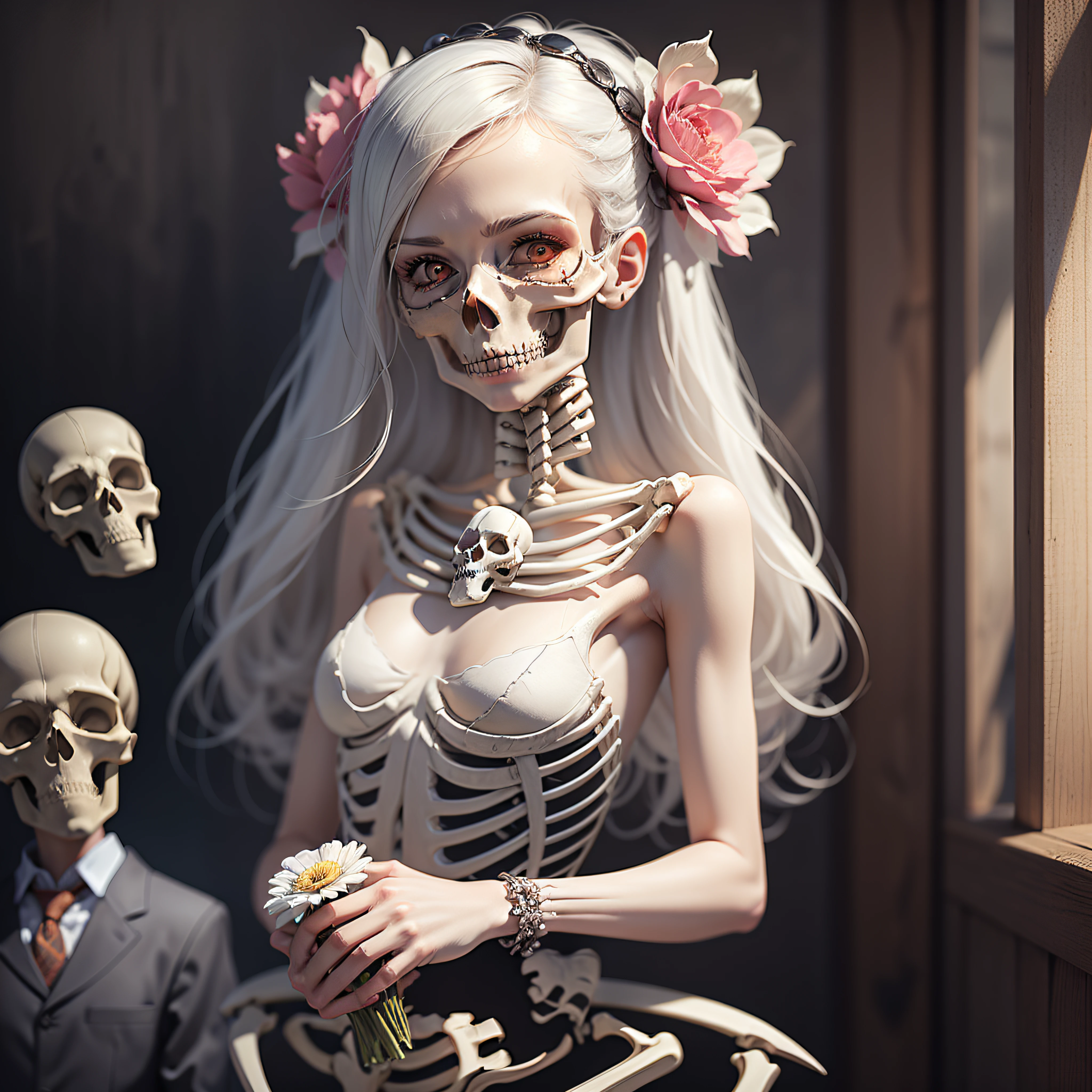 (masterpiece,best quality:1.5), ultra realistic,32k,extremely detailed CG unity 8k wallpaper, detailed background, skull, spider, spider web, mysterious lighting, mystic atmosphere, (gloomy), horror \(theme\), blood,
(a girl and a boy:1.8), looking at another,
BREAK
1girl, ((skeleton, skull)), skullgirls,  white wedding dress, white flowers on hair, holding flower, 
BREAK
1boy, ((skeleton, skull)), skullboys, black vest,  flower vest ornament, necktie,