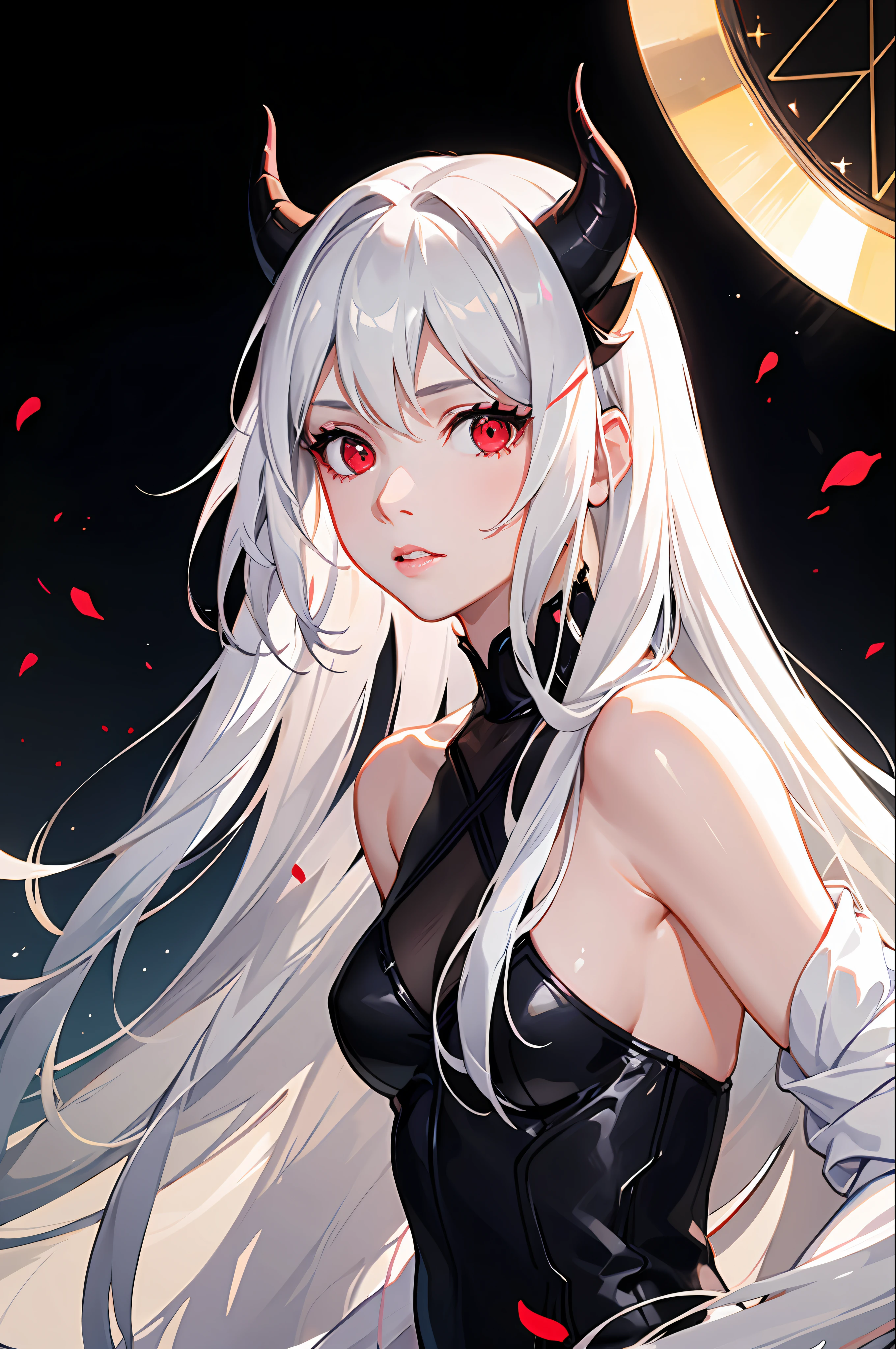 realistic, 1girl, white hair, horns, red eyes, small, young, side lighting bare shoulders, glowing eyes, magic circle, light particles, light rays, wallpaper, demon, pale skin