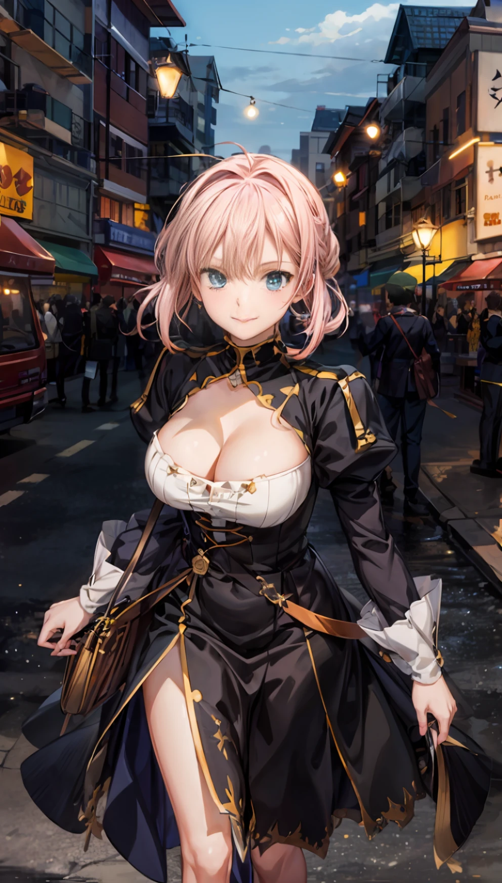 (masterpaintings:1.4), (optimal quality:1.4), realistness, 1girl huge large breasts, Artoria,Radpangon \(Fare Fateful Night\), cleavage dress, Smile with,Anime characters。