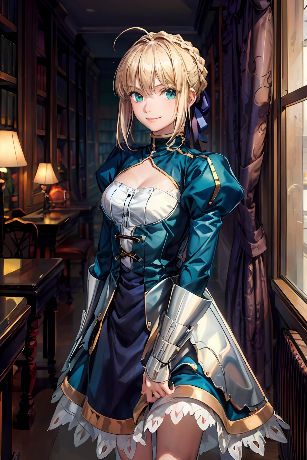 (masterpiece:1.4), (best quality:1.4), realistic, 1girl, artoria pendragon \(fate\), dress, library, smile