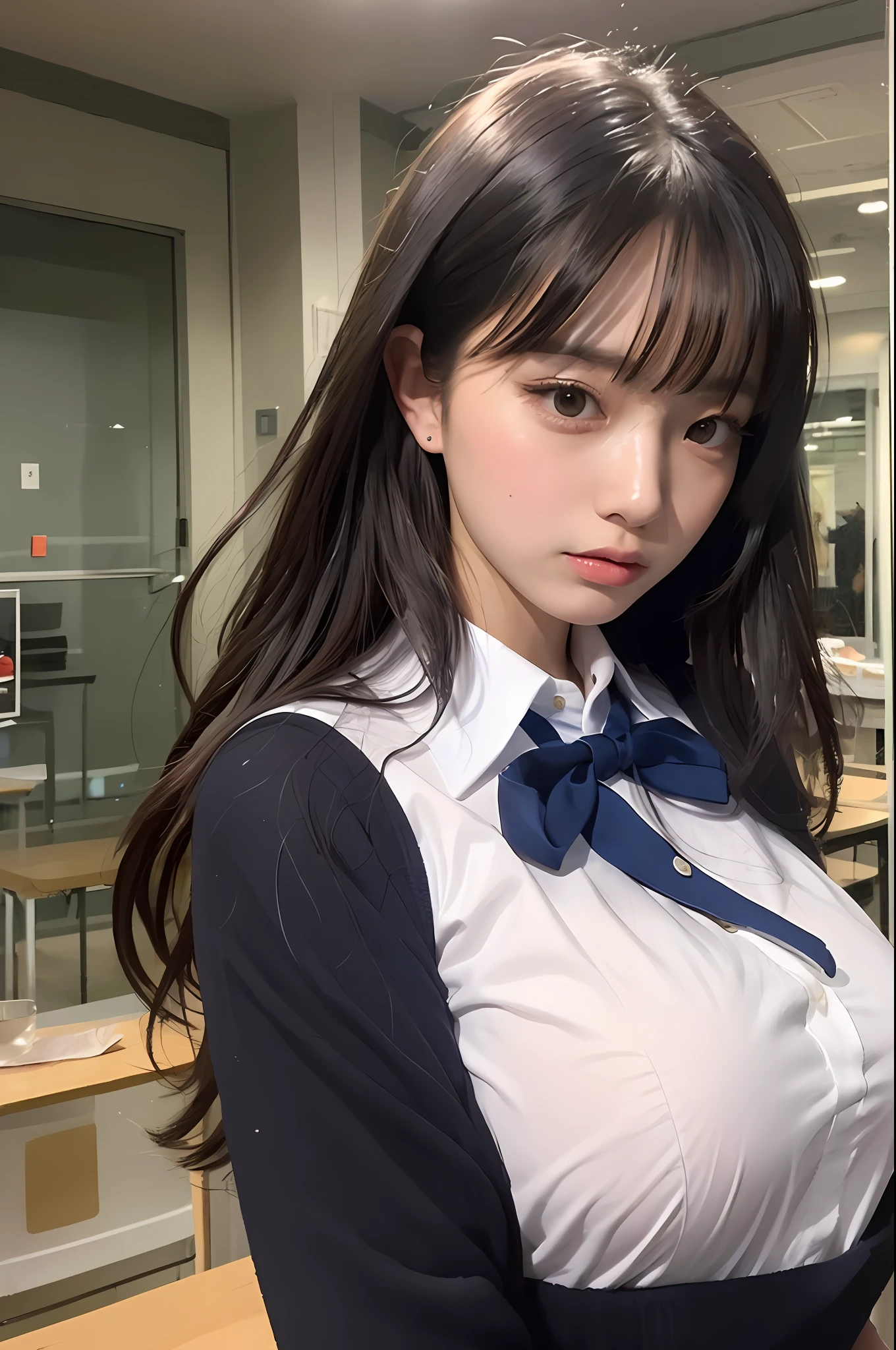 (masterpiece, top quality, best quality, beautiful and aesthetic:1.2), extremely detailed,school uniform, black hair, huge breast,  
looking at viewer, angry, takeda hiromitsu style,