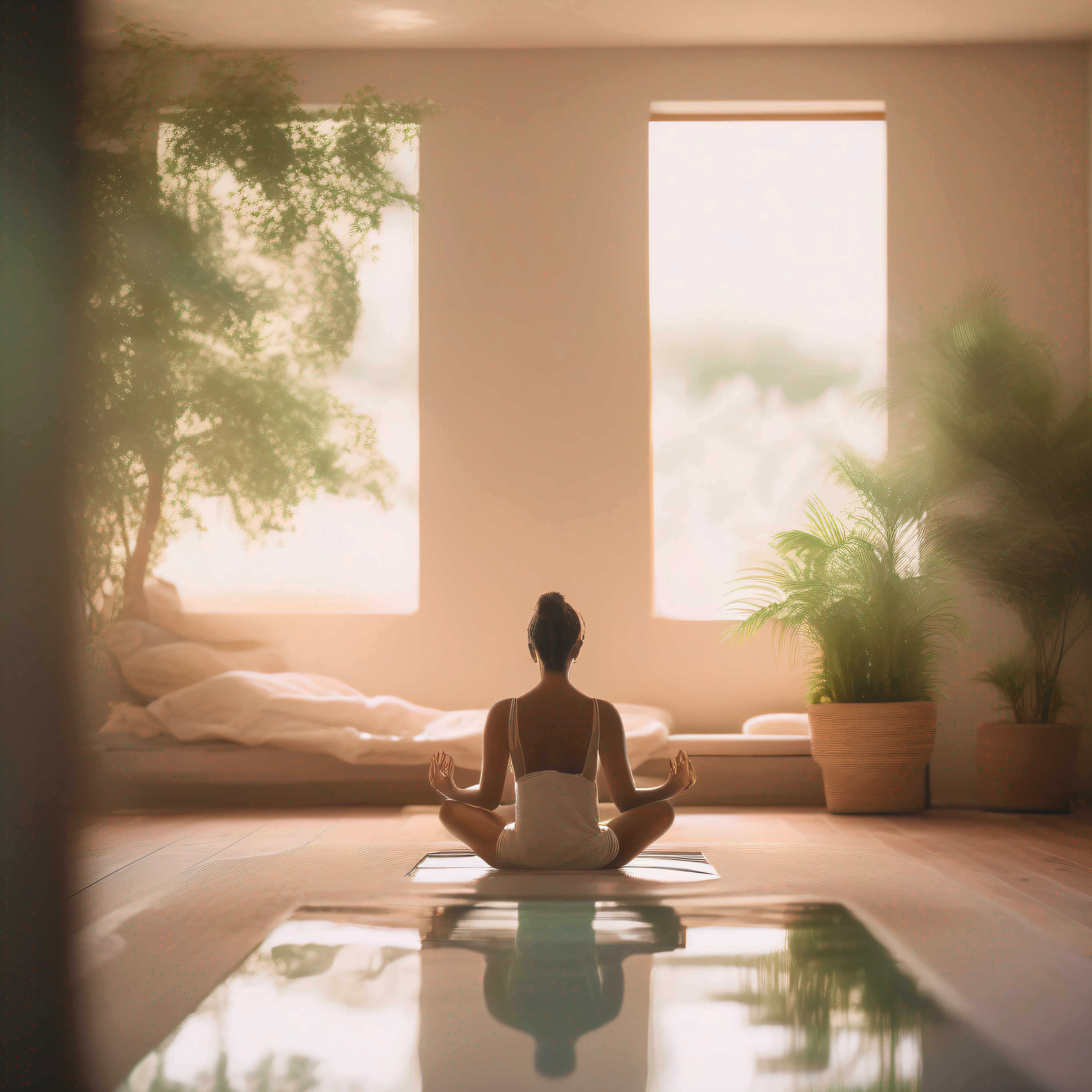 serene photograph depicting the concept of self-love and self-care. The image should feature a person in a peaceful setting, engaging in activities that promote self-care and self-love. This can include practices such as meditation, yoga, or taking a relaxing bath. The person should exude a sense of calmness and contentment, radiating self-acceptance and self-appreciation. The environment should be soothing, with soft lighting and natural elements like plants or gentle water features. Use a composition that captures the harmony between the person and their surroundings, emphasizing the importance of self-care. The final photograph should have a high resolution of 8K, allowing for a detailed view of the tranquil scene.
