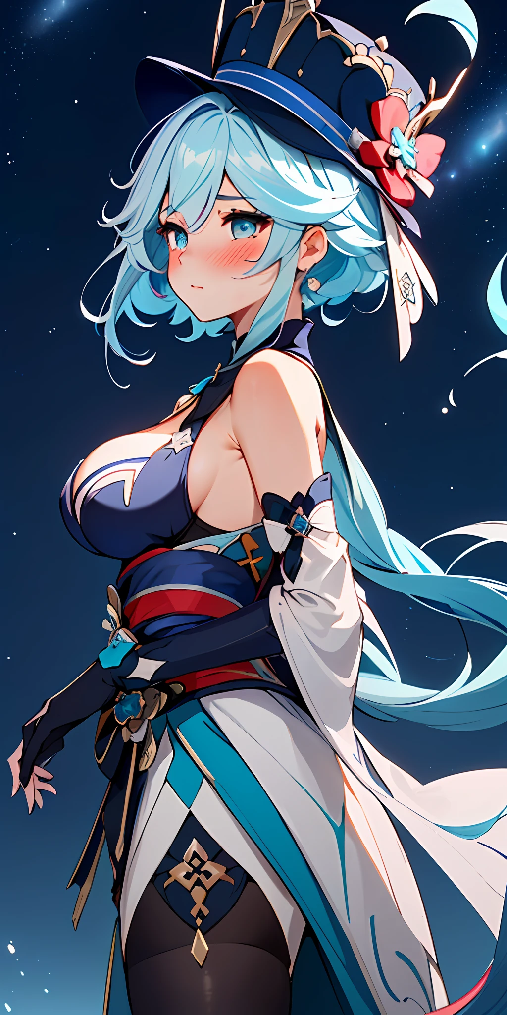 1girl, solo, focalors (genshin impact), focalors hat, , (from front view), (blushing:1.3), (peaked breasts:1.6), pov, masterpiece, highest quality, 8k, blue silver hair, sfw,hand on chin, confident look, fontain (genshin impact) night sky stars background, Chinese dress, red hair, aqua eyes