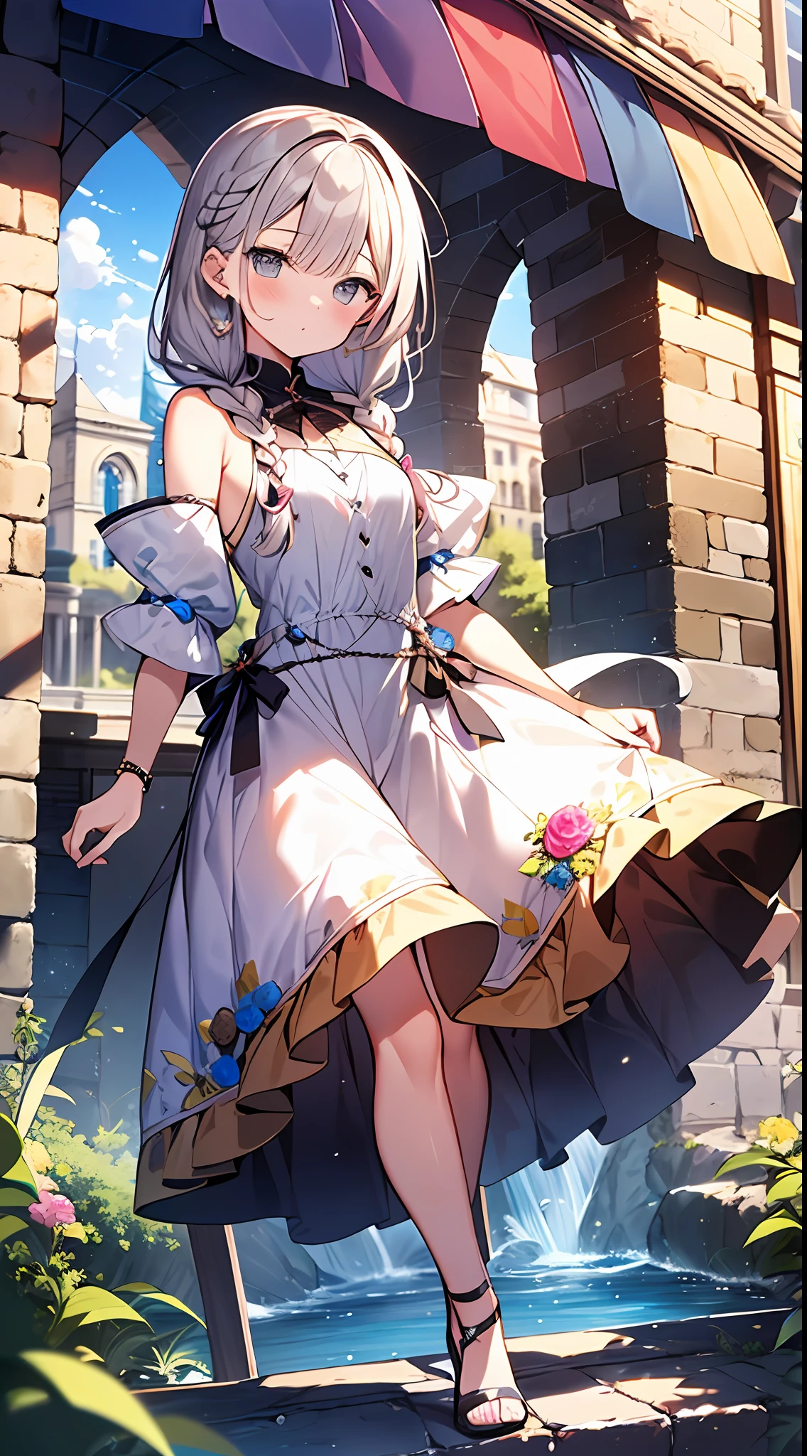 (incredibly absurdres absolutely resolution: 1.5), highest quality, masterpiece, ultra high resolution, 8k, (multiple girls), (gorgeous dresses with many gorgeous and colorful decorations) BREAK shoujo manga style, (li), soft line drawing, digital enhancement, shojo manga touch, environmental change scenes, shojo manga core, ( Hair length to the shoulders))), (((short braid))), ancient capital of the West, full body visible angle, entangle, beautiful and aesthetic: 1.5, High quality: 1.3