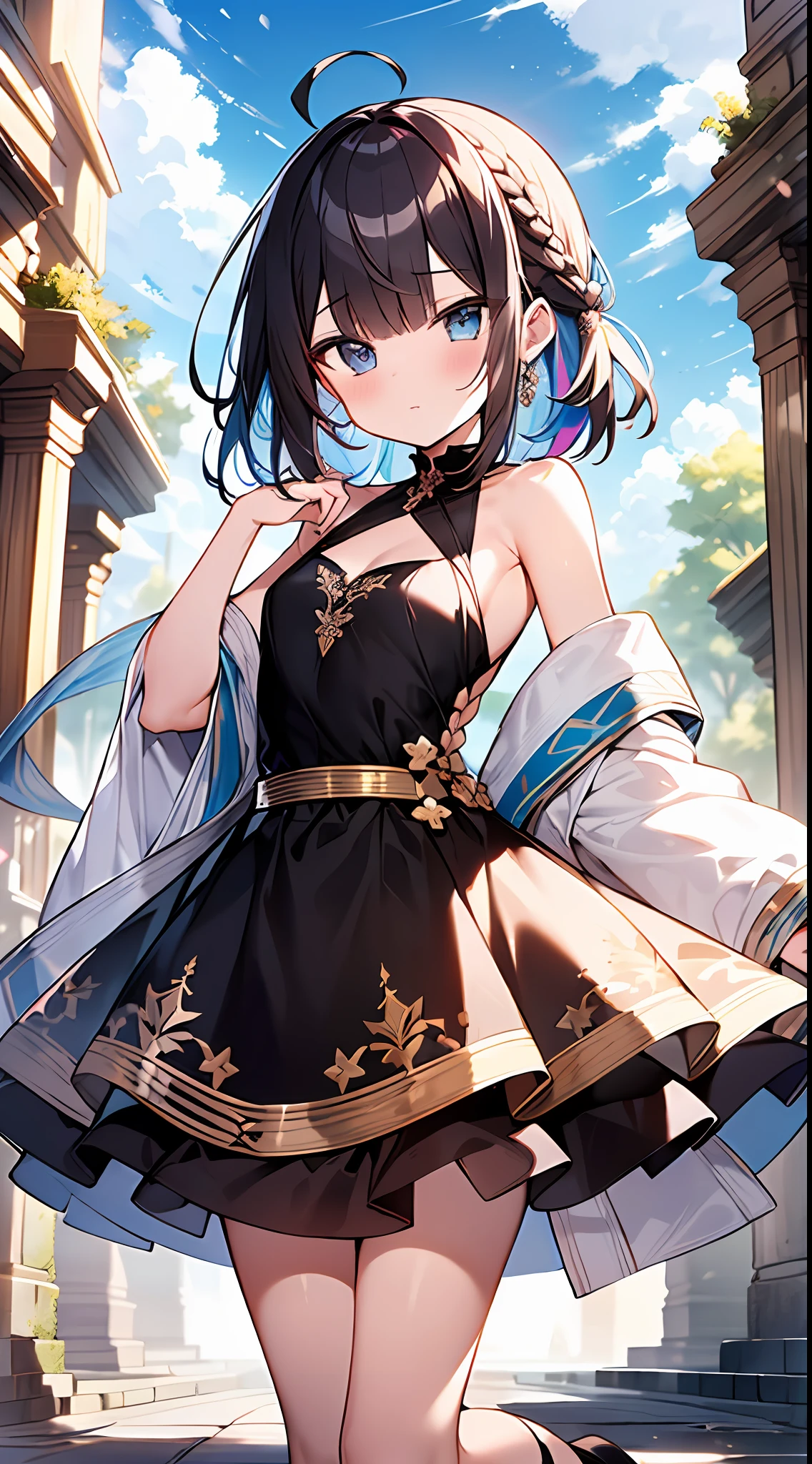(incredibly absurdres absolutely resolution: 1.5), highest quality, masterpiece, ultra high resolution, 8k, (multiple girls), (gorgeous dresses with many gorgeous and colorful decorations) BREAK shoujo manga style, (loli), soft line drawing, digital enhancement, shojo manga touch, environmental change scenes, shojo manga core, ( Hair length to the shoulders))), (((short braid))), ancient capital of the West, full body visible angle, entangle, beautiful and aesthetic: 1.5, High quality: 1.3