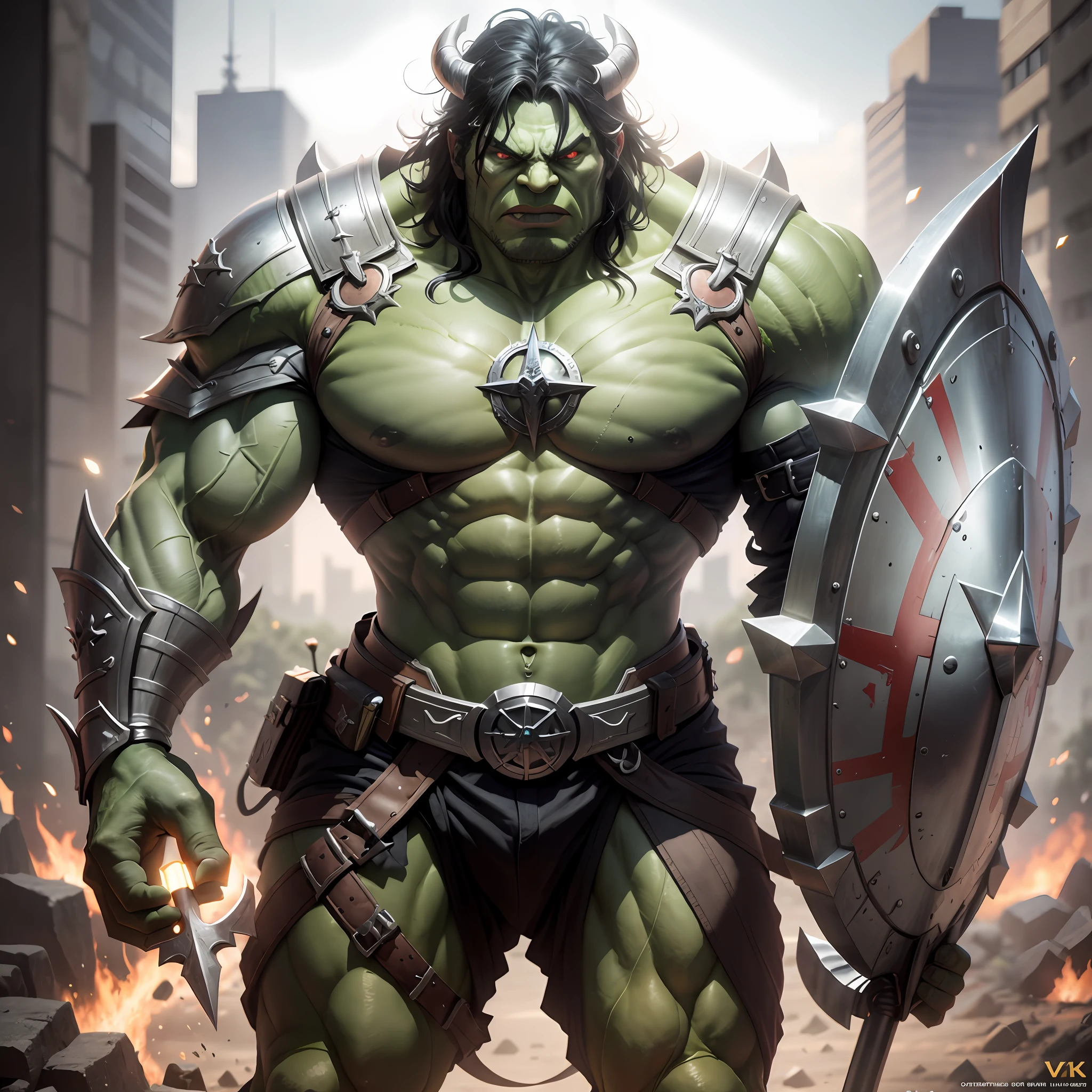 a Templar Hulk with a sword, um capacete, a shield on his left arm and full armor,, Motor irreal, ray tracing, raios de deus, DAZ, vray, 4k render, hiper-realista, circunstanciado, dramatic lighting 4k UHD, sharp-focus
