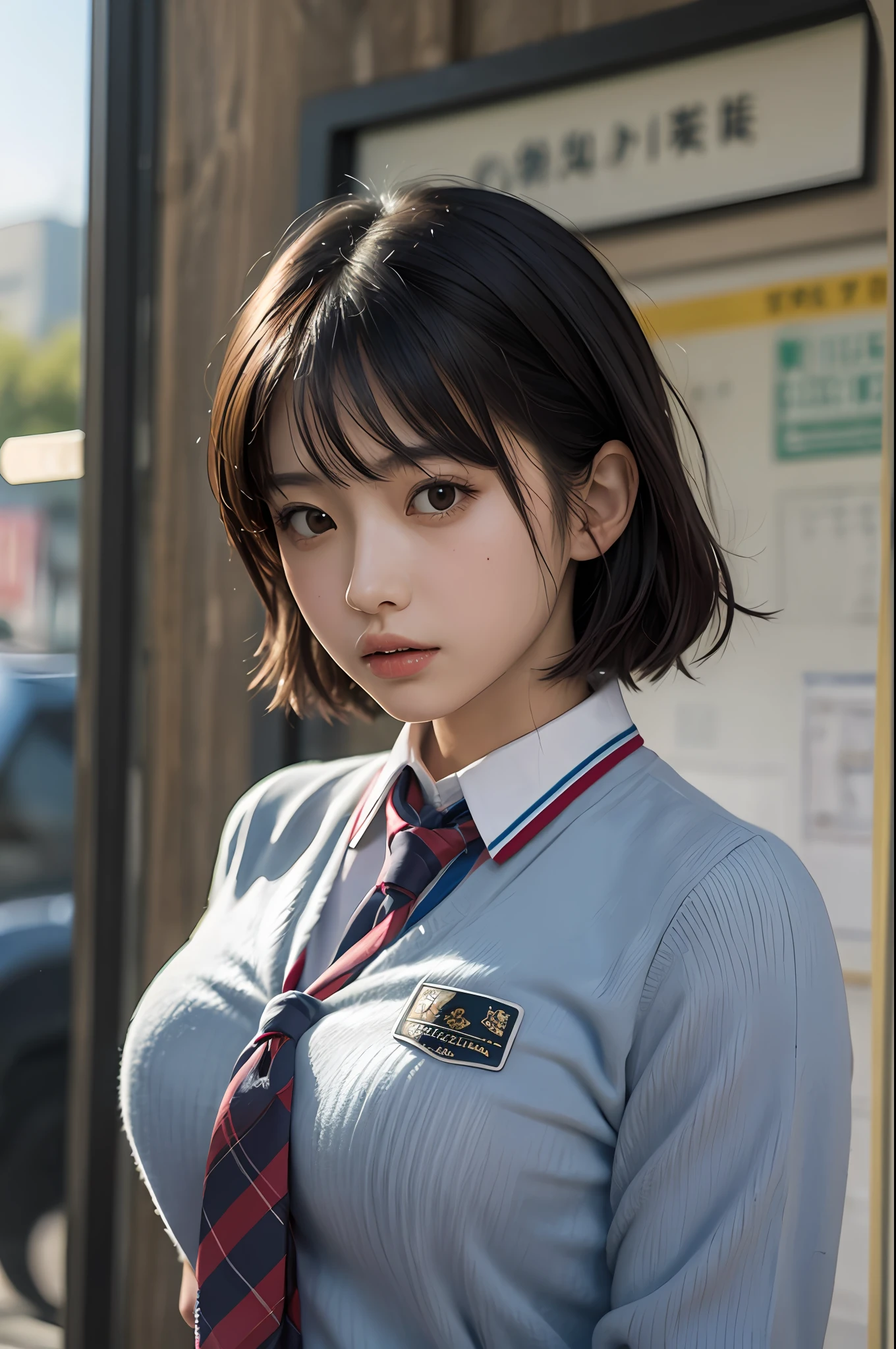 (masterpiece, top quality, best quality, beautiful and aesthetic:1.2), extremely detailed,school uniform, black hair, huge breast,  
looking at viewer, angry, takeda hiromitsu style,