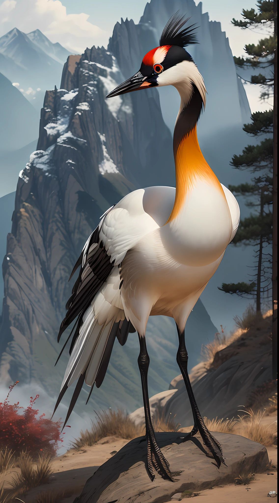 Red-crowned crane,ren,prette,The eyes are yellow and godly,The crane's head has a few red feathers,Delicate white feathers,Long, The legs are slender,(Behind the two red-crowned cranes are pine trees:1.3)The background is a mountain peak,(complexdetails, superdetailed:1.15), (Cinematic effects), 8K,Virtual Engine,octaneratingrendering,ultra high def