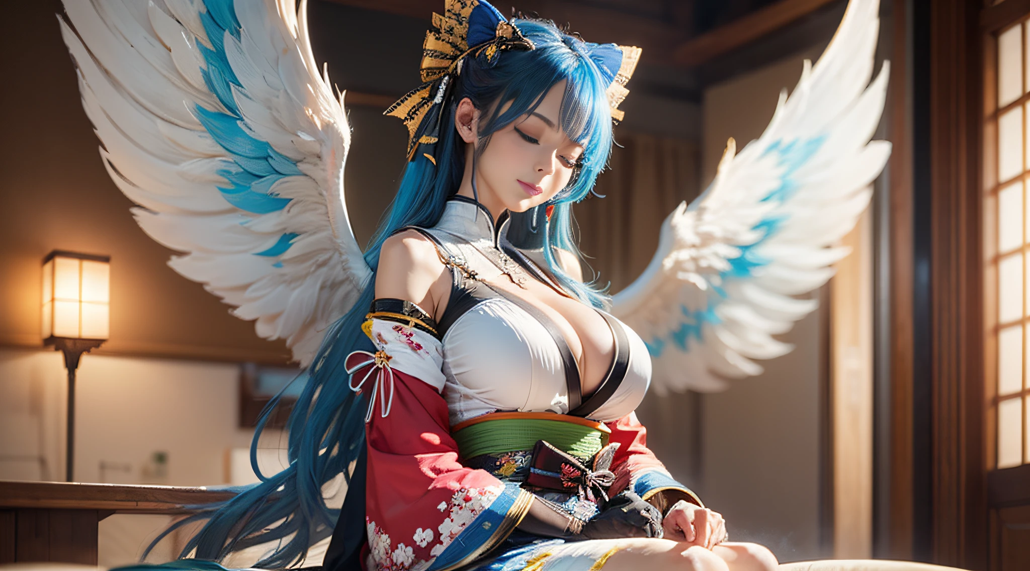 [Neon lights::0.15], Long sleeves, Bow, Detached sleeves, collar bone, Wings, Bracelet, Skirt, Sitting, Crossed legs, Long hair, Twin-tailed, Blue hair, hair adornments, Ribbons, Full body, Looks to the side, 1girl huge large breasts, solo, Japanese clothes, Blue eyes, One eye closed, Cinematic lighting, Preposterous, Best quality, 巨作, Extremely detailed CG unity 8k wallpaper, Game CG, letterboxed, winy, Science fiction, Cowboy shot, Sword