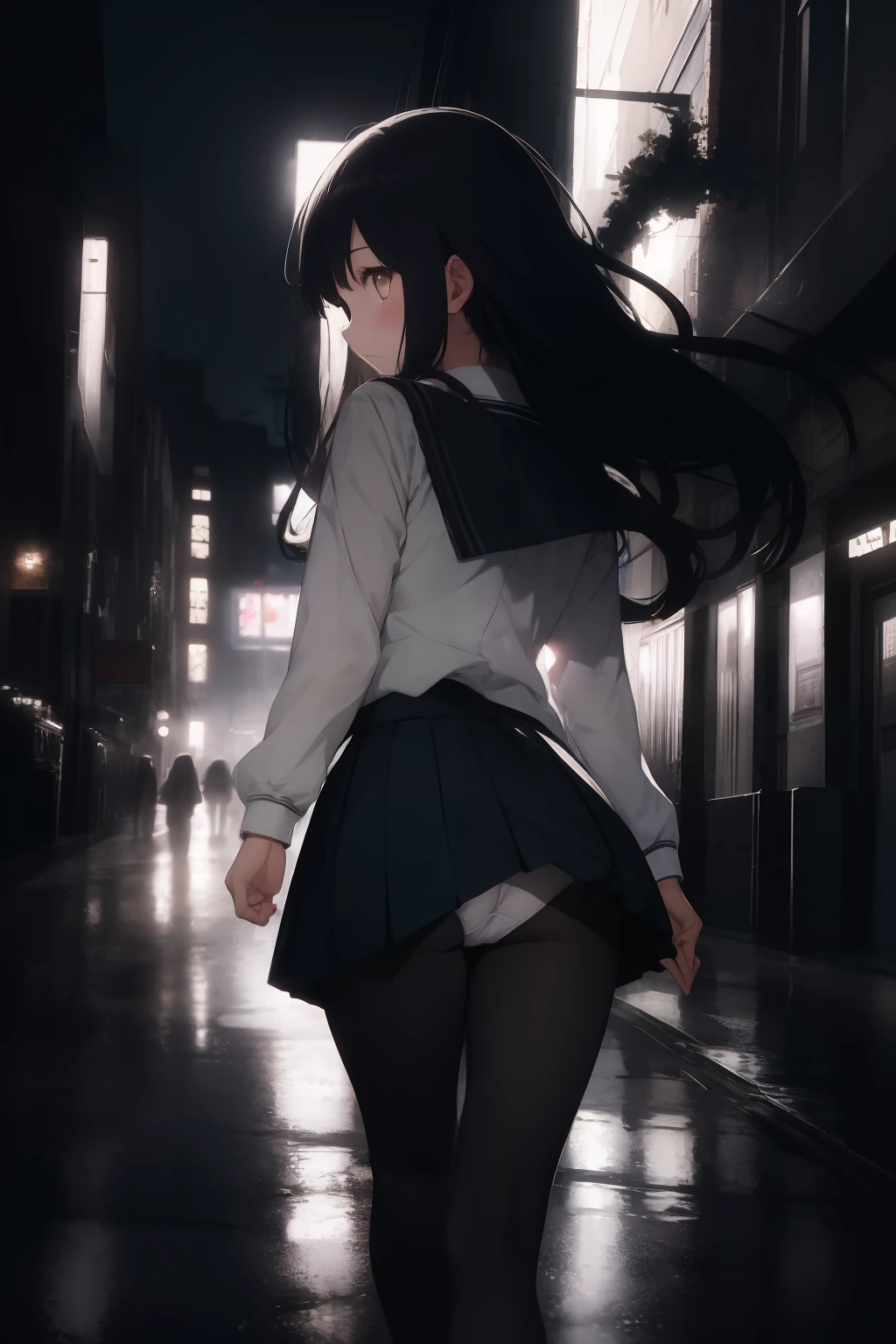 (masterpiece, best quality), 1girl, school uniform, (white panties), panties over pantyhose, from behind, wind, wind lifting skirt, skirt lift, upskirt, ful body, city street, walk, long hair, vibrant colors, volumetric lighting, night, dark, high contrast, best lighting, best shadows, dark theme