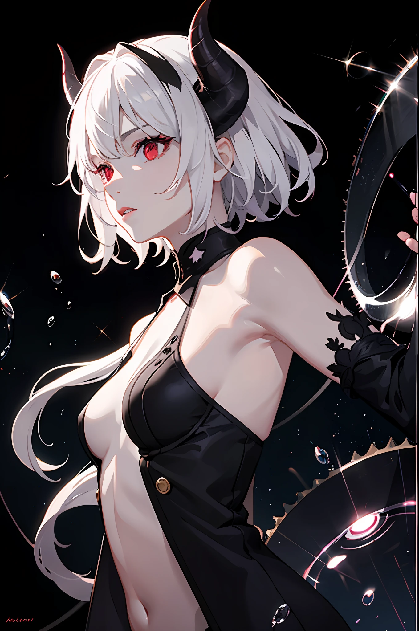 realistic, 1girl, white hair, horns, red eyes, small, young, side lighting bare shoulders, glowing eyes, magic circle, light particles, light rays, wallpaper, demon, pale skin