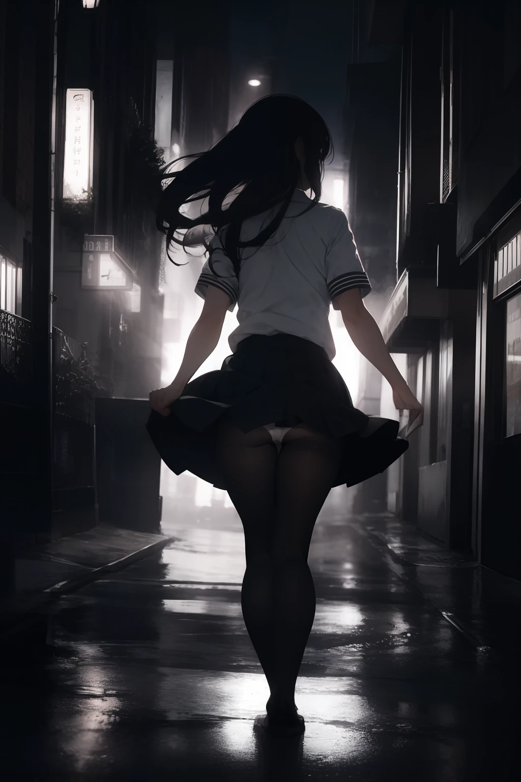 (masterpiece, best quality), 1girl, school uniform, (white panties), panties over pantyhose, from behind, wind, wind lifting skirt, skirt lift, upskirt, ful body, city street, walk, long hair, vibrant colors, volumetric lighting, night, dark, high contrast, best lighting, best shadows, dark theme