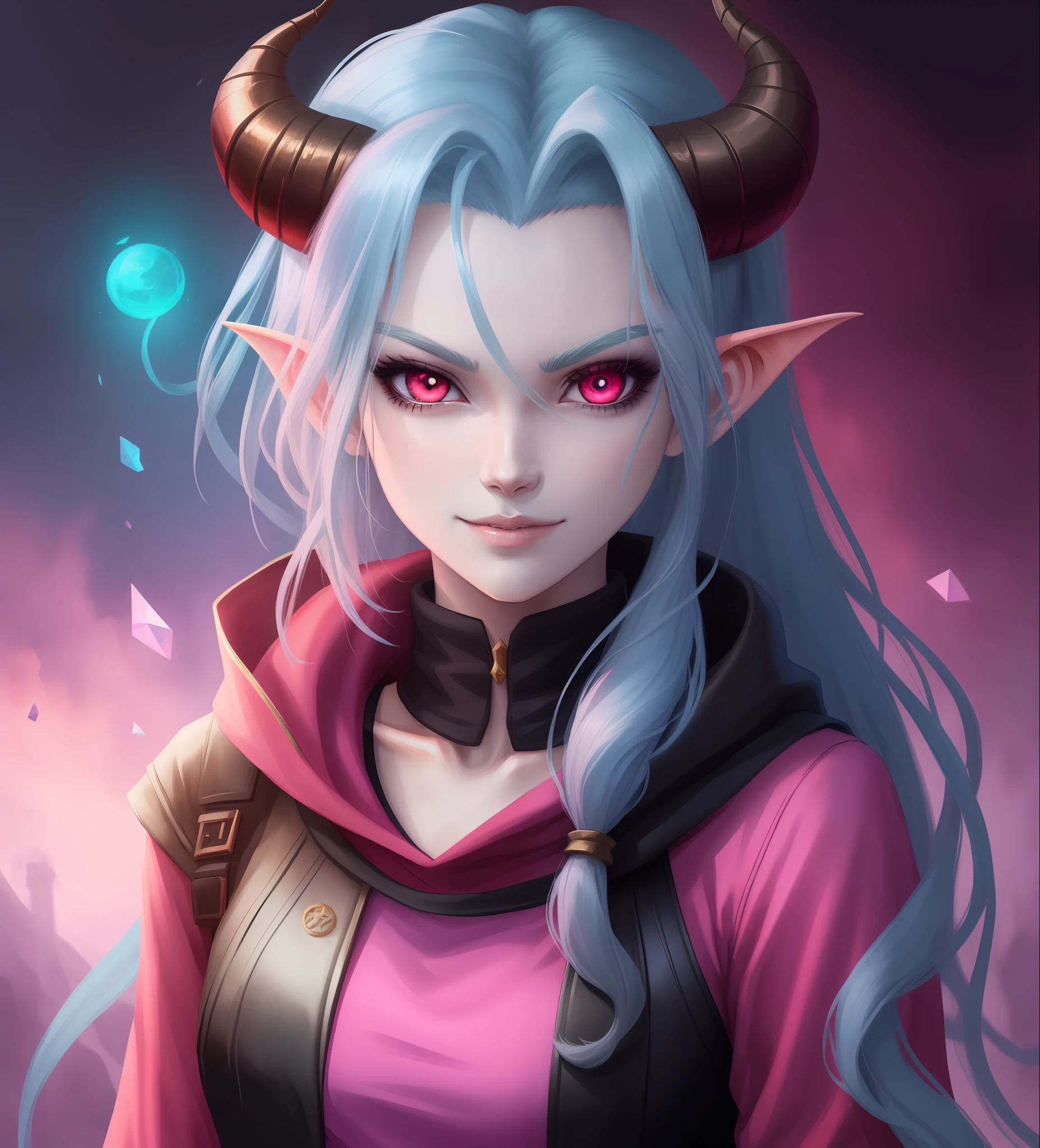 anime girl with horns and a pink shirt, demon girl, portrait demon half human, demon slayer rui fanart, portrait of demon girl, demon slayer artstyle, dnd portrait of a tiefling, [[[[grinning evily]]]], portrait of jinx from arcane, with horns, girl design lush horns, portrait of a female demon, anime style portrait