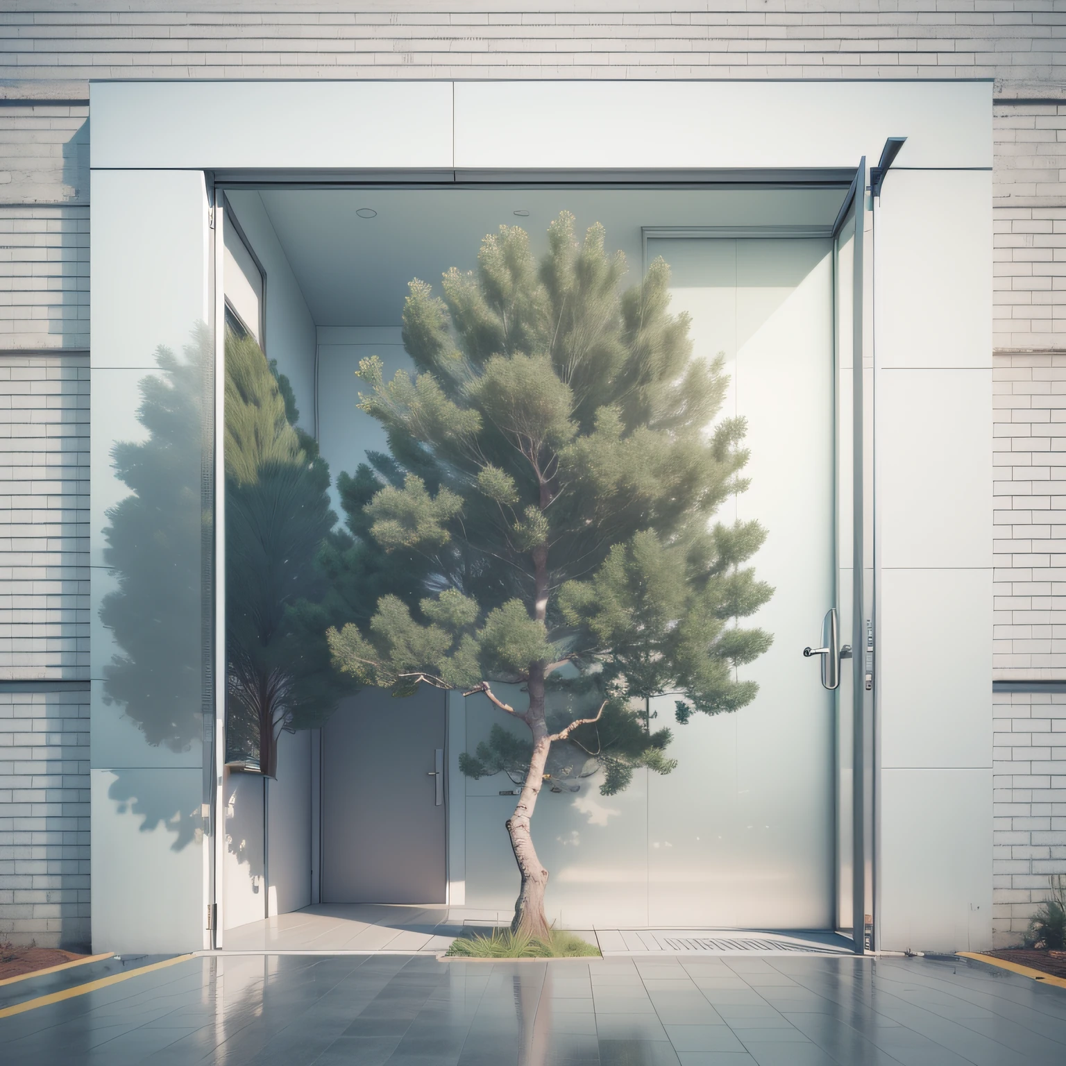 there is a white building with a glass front door and a tree, inspirado em David Chipperfield, , detalhes premiados ", detalhes premiados", , alta resolução, Realismo 3D, Joao Salvador