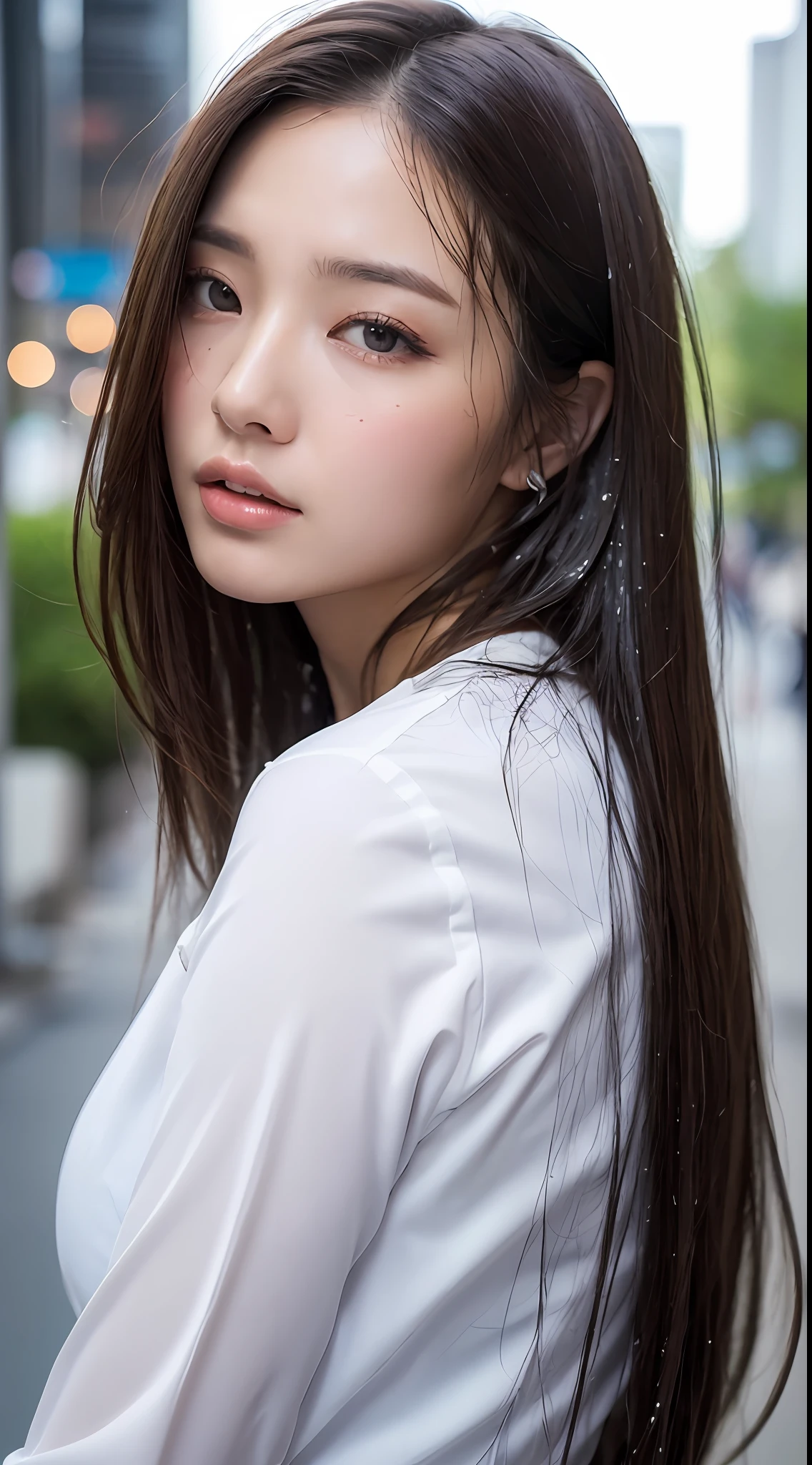 ((Best Quality, 8K, Masterpiece: 1.3)), Sharp: 1.2, Perfect Body Beauty: 1.4, Slim Abs: 1.2, ((Layered Hairstyle, Big Breasts: 1.2)), (Wet White Button Long Shirt: 1.1), (Rain, Street: 1.2), Wet: 1.5, Highly detailed face and skin texture, detailed eyes, double eyelids, side face looking at the camera