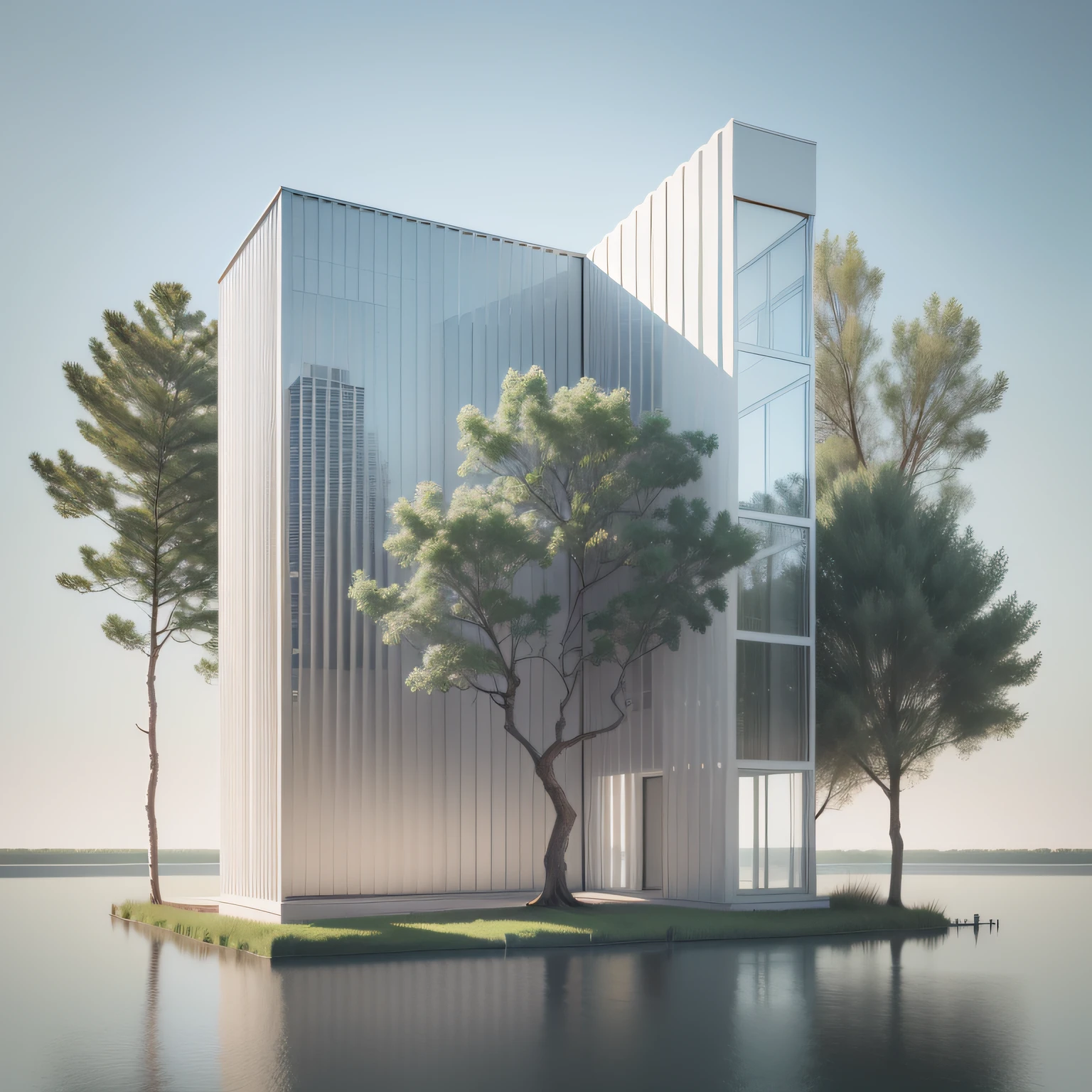 there is a white building with a glass front door and a tree,  inspirado em David Chipperfield, , detalhes premiados ", detalhes premiados", , alta resolução, Realismo 3D, Joao Salvador