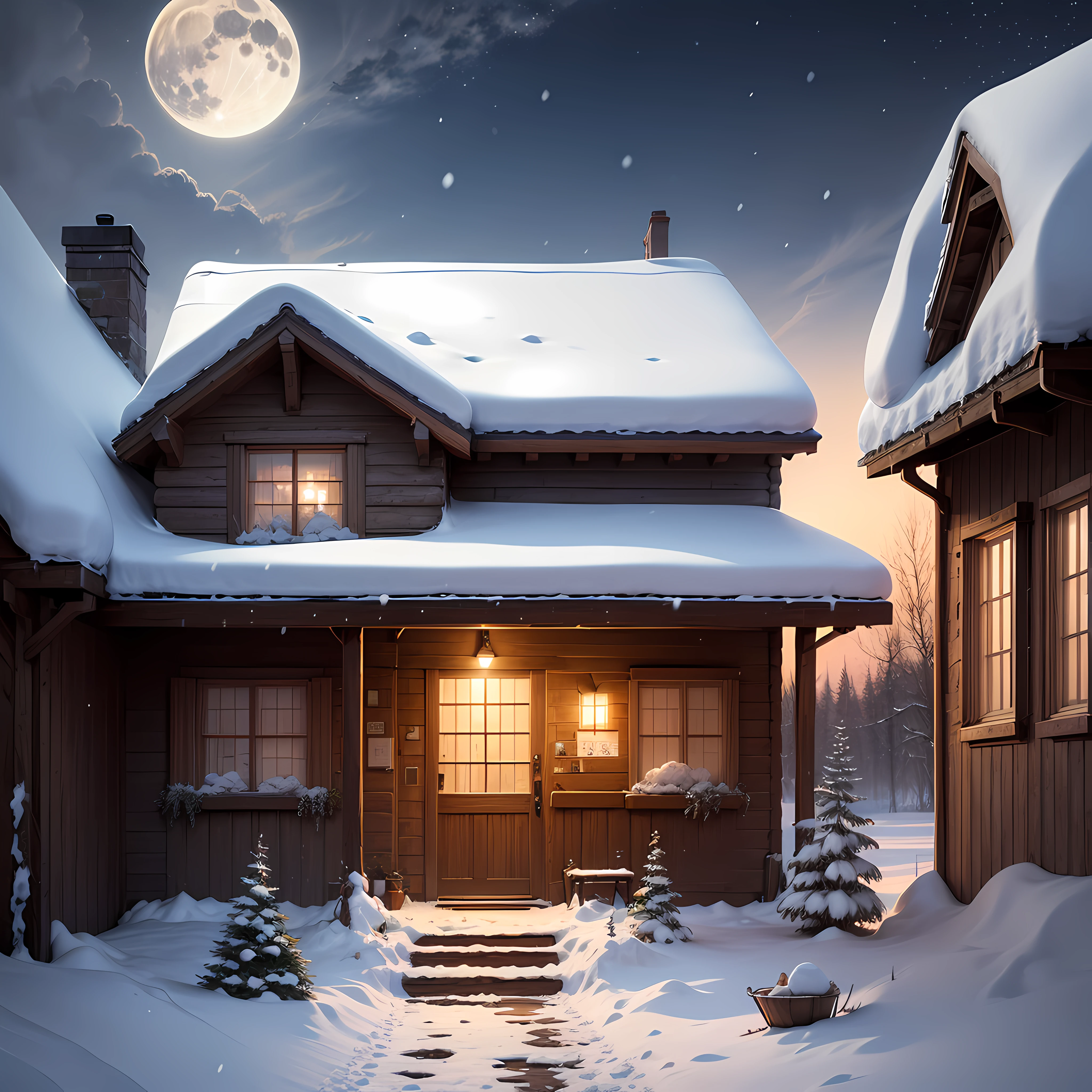 "Please generate an image in the style of an oil painting. The scene should depict a wooden house covered with snow at night. There should be a full moon illuminating the scene. The snow-covered landscape should have a serene and peaceful ambiance." --auto