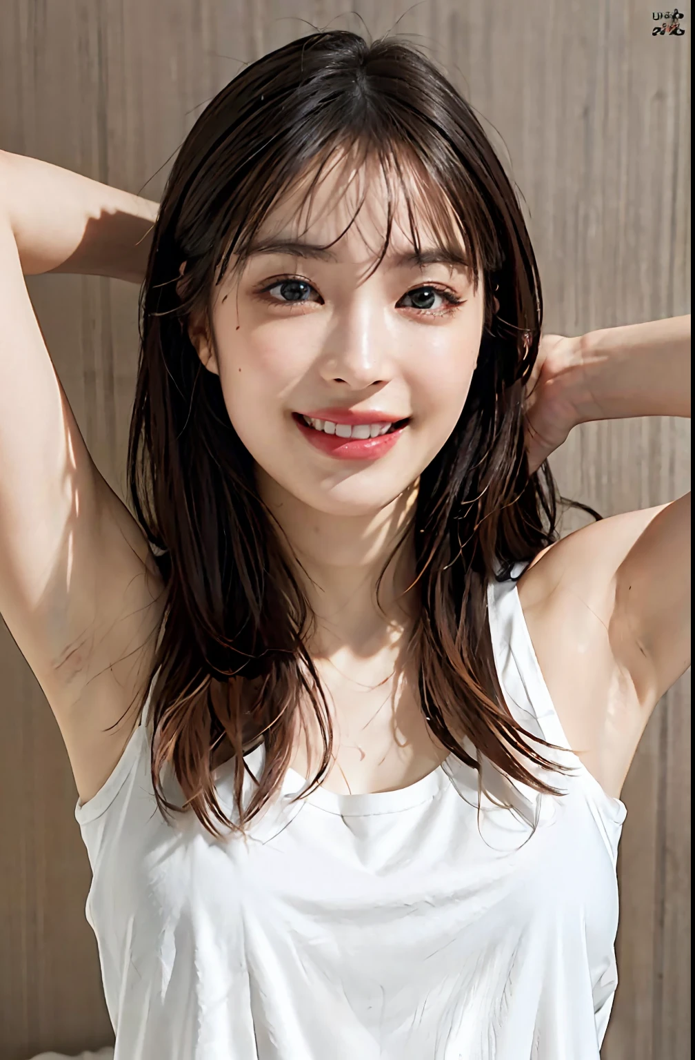 (Ultra Real), (Illustration), (High Resolution), (8K), (Very Detailed), (Best Illustration), (Beautiful Detailed Eyes), (Best Quality), (Ultra Detailed), (Masterpiece), (Wallpaper), (Detailed Face), Bed, Upper Body Up, Armpits, Smiles, Plump,Solo,Simple White Tank Top Girl, Sweaty, Japan Person, Big, (Camel Toe)