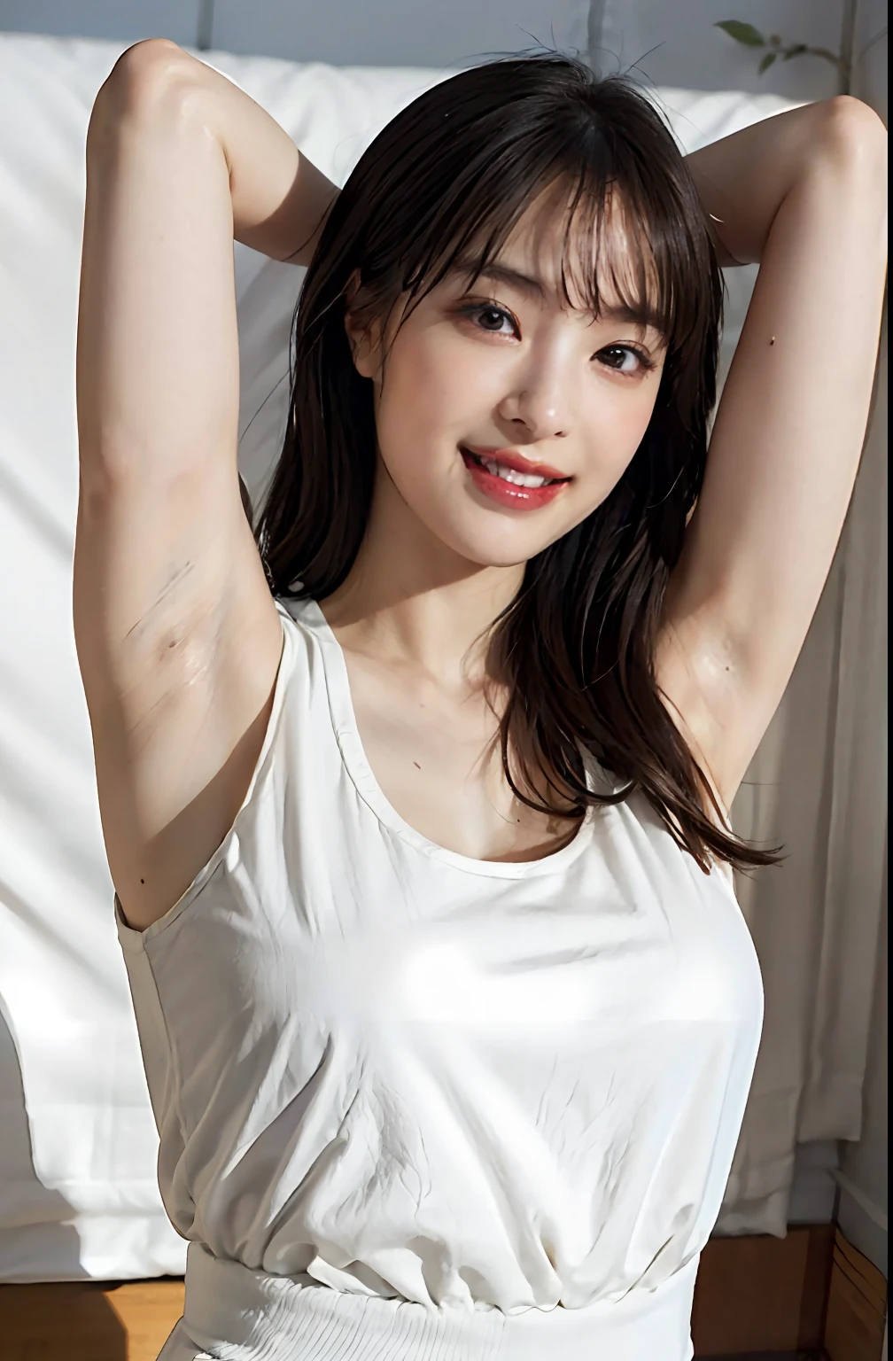 (Ultra Real), (Illustration), (High Resolution), (8K), (Very Detailed), (Best Illustration), (Beautiful Detailed Eyes), (Best Quality), (Ultra Detailed), (Masterpiece), (Wallpaper), (Detailed Face), Bed, Upper Body Up, Armpits, Smiles, Plump,Solo,Simple White Tank Top Girl, Sweaty, Japan Person, Big, (Camel Toe)