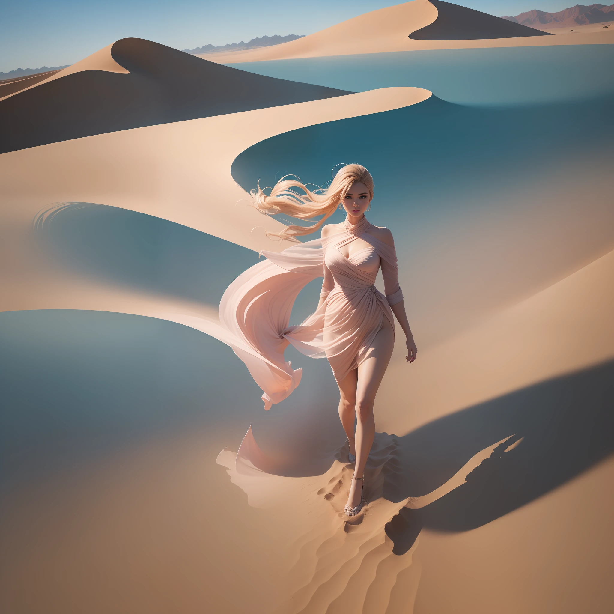 (extremely detailed, Artgerm-inspired masterpiece:1.3, wandering woman:1.2 in desert:1.2), (Alena Aenami-esque style:1.1, IG model Aly Fell-inspired:1.1), elegant, flowing, form-fitting outfit, dynamic pose, intense lighting, vibrant colors, sand particles, 8k, high resolution.
