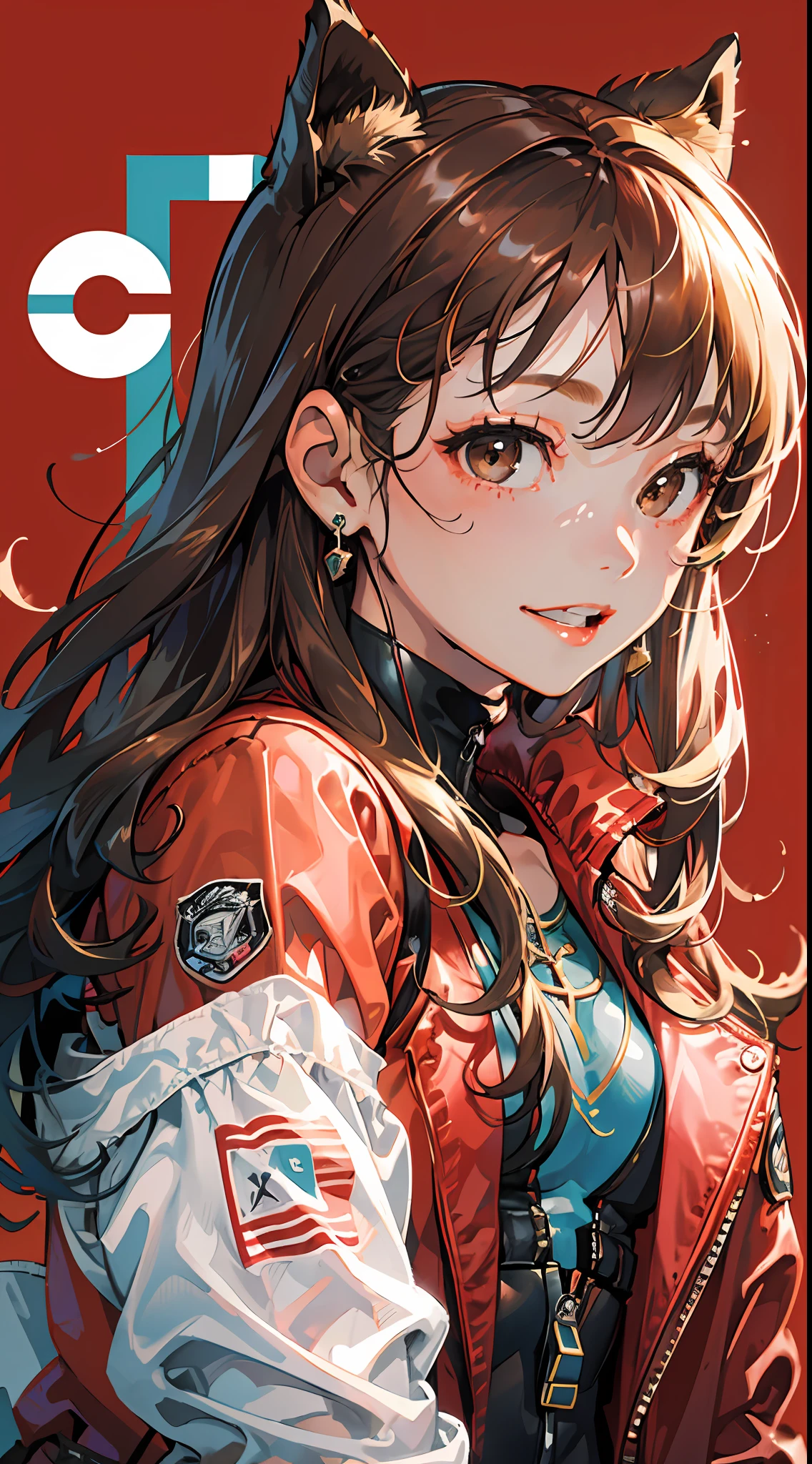1girl, solo,underwaterbrown hair, brown eyes, parted lips, long sleeves, jacket, simple background, upper body, red background, looking at viewer, teeth, red jacket, lips, cosplay, full body, smile,motorbike