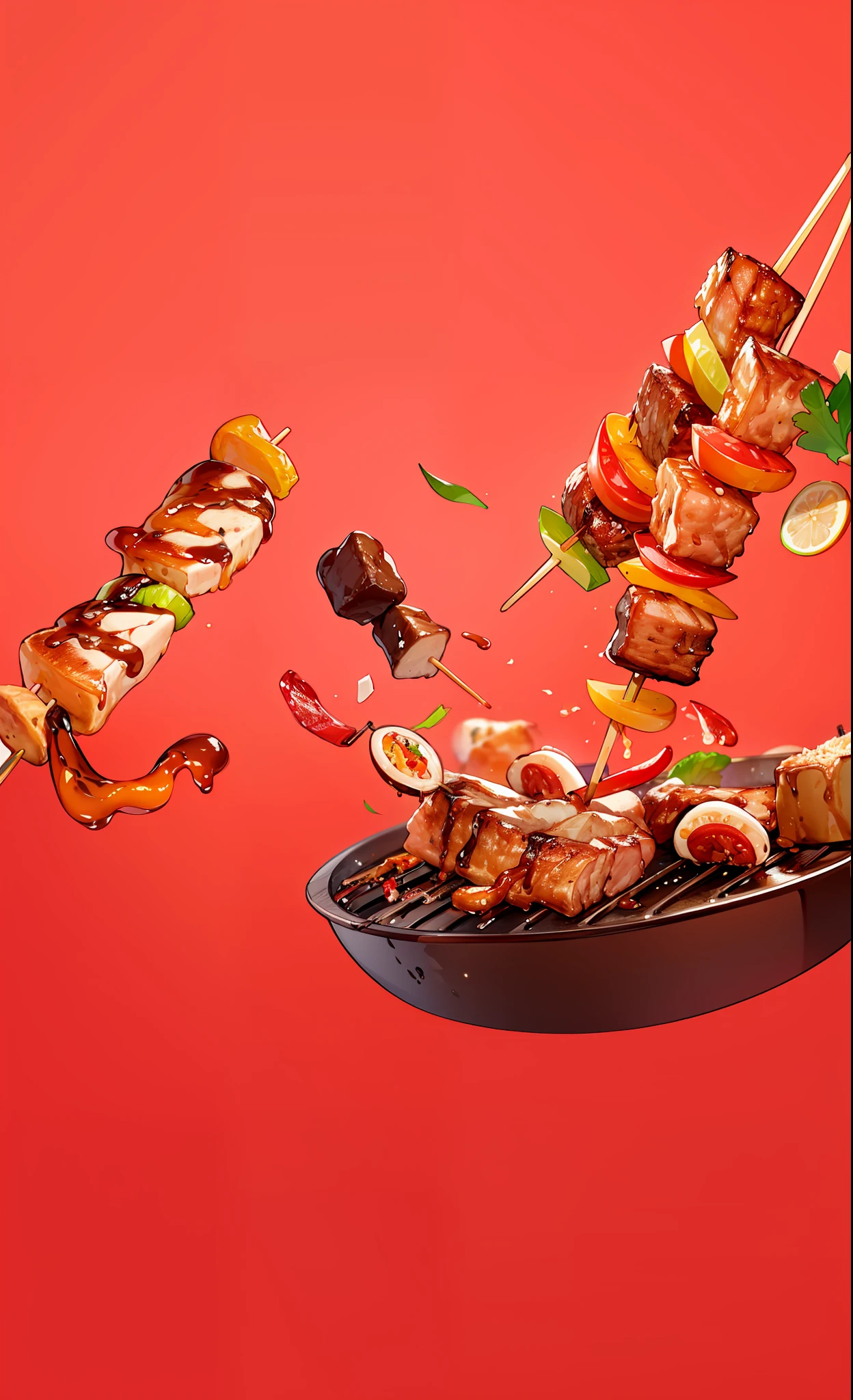 araffes being cooked on a grill with a red background, food commercial 4 k, skewer, food advertisement, barbecue, high quality food photography, warm and joyful atmosphere, kebab, food particles, super realistic food picture, hd food photography, BBQ, Amazing food photography, food photography 4 k, professional food photography, food styling, delicacy, Food photography, food stylist