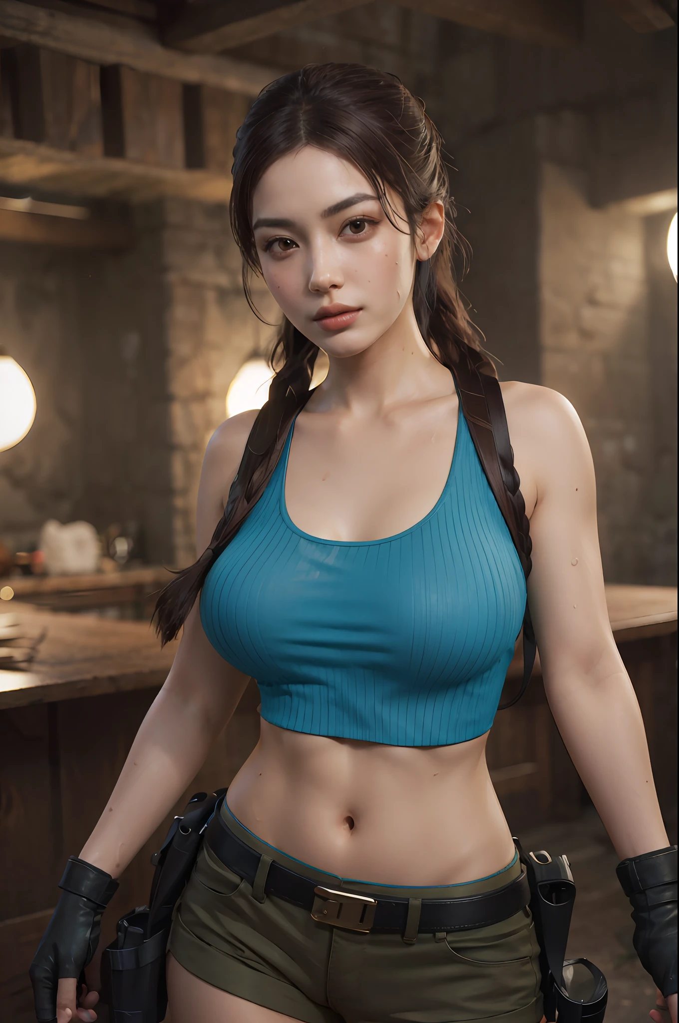 there is a woman in a blue top and brown shorts, chun li at the gym, muscular sweat lara croft, 8k artgerm bokeh, photorealistic perfect body, seductive tifa lockhart portrait, gorgeous chinese model, tifa lockhart, sport bra and shirt, sweaty 4 k, soft portrait shot 8 k, 8 k sensual lighting, tifa
