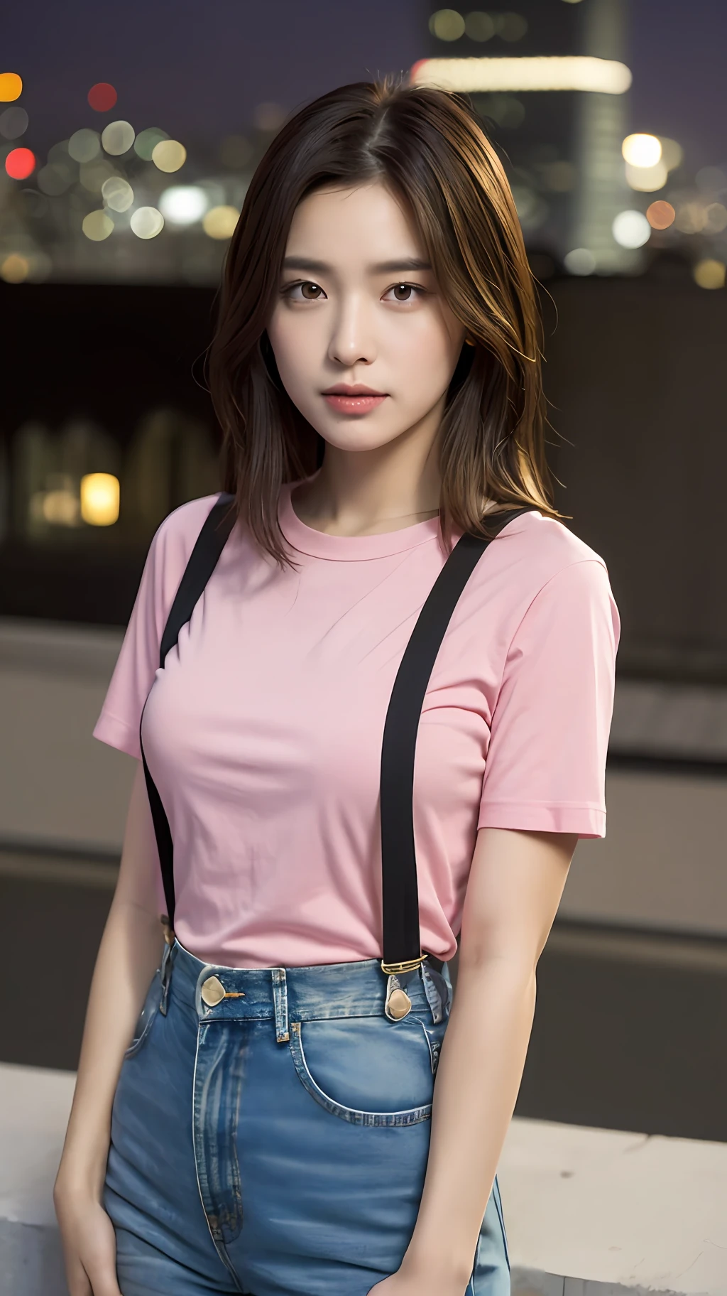 ((midynight, need, 8K, masterpaintings:1.3)), Whole human body, Long legs, Focalors:1.2, perfect figure beautiful woman:1.4, Slim abs:1.1, ((Dark brown hair, Large big tits:1.2 )), (Pink skinny T-shirt, Denim suspenders, to stand:1.2), ((city night scene, roof top:1.3)), Highly detailed facial and skin texture, detailed eye, 双眼皮,(((The arms are vertical))),(((Don't show your hands)))