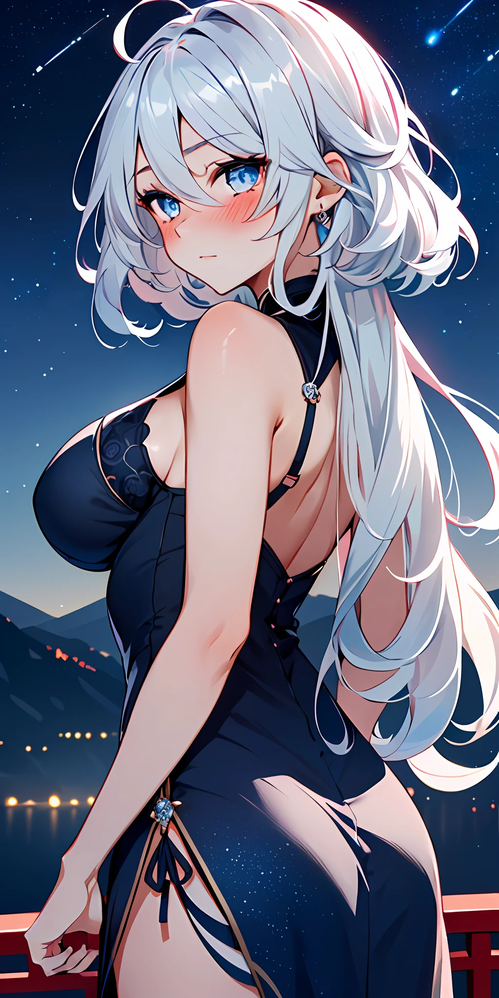 1girl, solo, , , (from rear view), (blushing:1.3), (peaked breasts:1.6), pov, masterpiece, highest quality, 8k, red silver hair, sfw,hand on chin, confident look, night sky stars background, Chinese dress, red hair, dark blue eyes, looking back at viewer