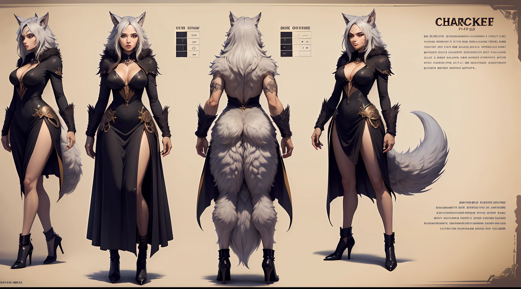 character sheet, full body front and back, werewolf female, full body, hair grey, howl, detailed, perfect, intricate, high ress, body fur, sexy, werewolf female, whit, full body, cute fantasy art, female anthropomorphic wolf, perfect skinny figure, intricate detail, high detail --auto