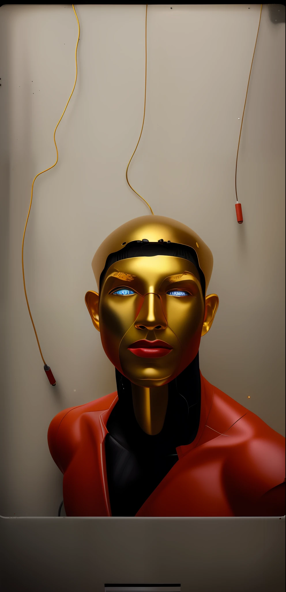 cyborg man portrait, exposed wires, gold oil leaking from rusty wires