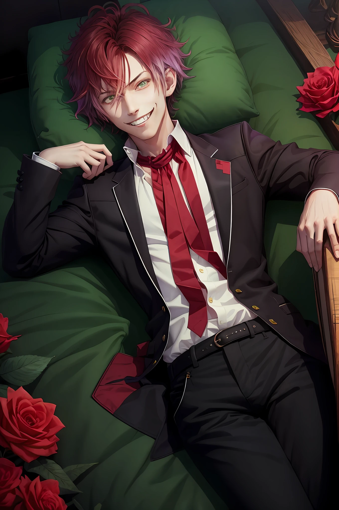 ((lying)), coffin, closed mouth, perfect eyes:1.2, detailed eyes:1.4, (masterpiece, best quality:1.2), vampire teeth, flowers, male focus, 1boy, sakamaki ayato, grin, looking at viewer, hand on hip, red hair, open clothes, jacket, shirt, red necktie, black pants