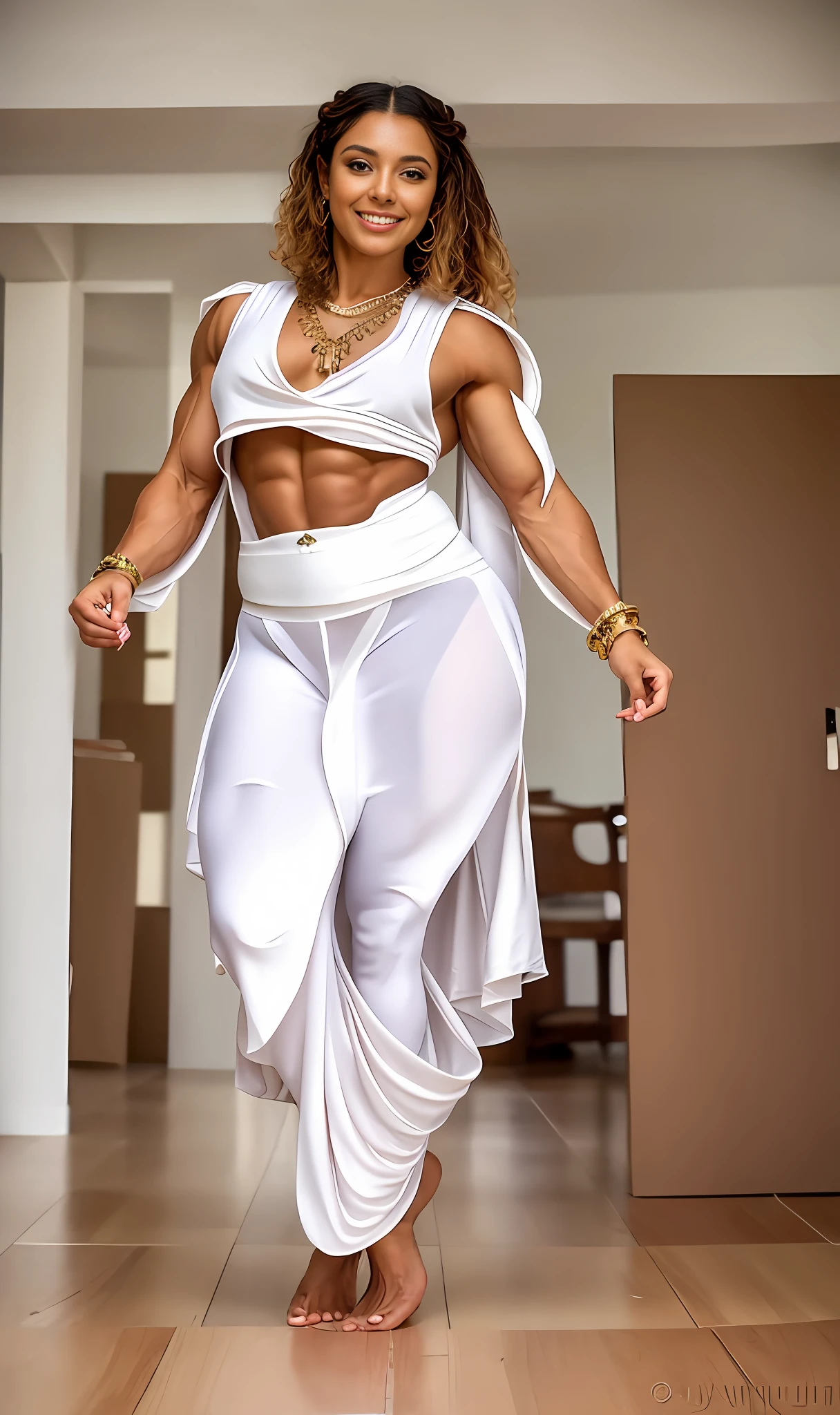 (SFW) An elegant figure draped in ancient white Greek clothing, with a flowing robe that cinches tightly at the waist. The feminine muscular silhouette is enhanced by the tight fits, and the image is completed with the inclusion of Toga (1.5), who exudes an air of sophistication with every move. The big bulging muscles are clearly outlined under the clothes.