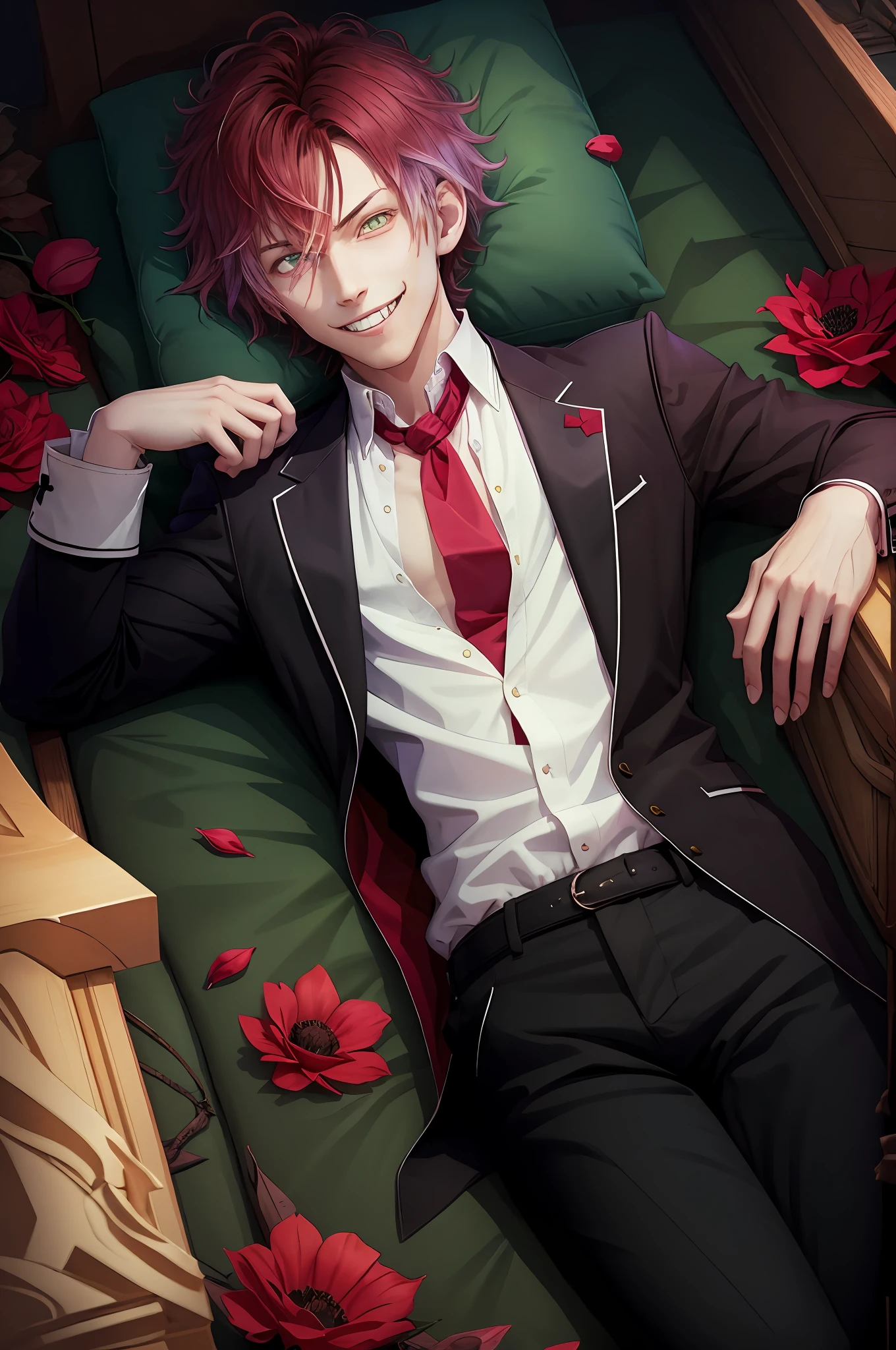 ((lying)), coffin, closed mouth, perfect eyes:1.2, detailed eyes:1.4, (masterpiece, best quality:1.2), vampire teeth, flowers, male focus, 1boy, sakamaki ayato, grin, looking at viewer, hand on hip, red hair, open clothes, jacket, shirt, red necktie, black pants