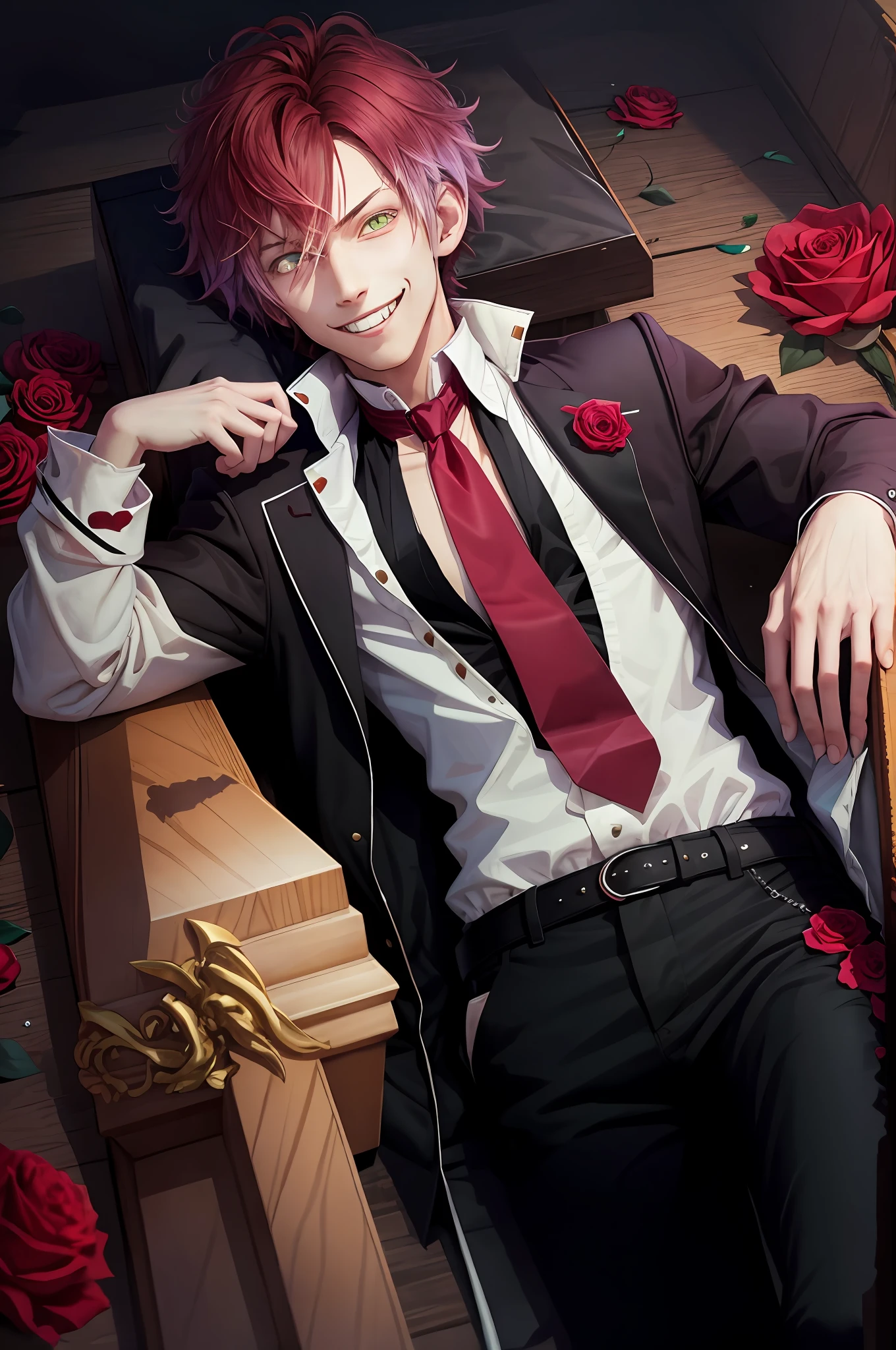 ((lying)), coffin, closed mouth, perfect eyes:1.2, detailed eyes:1.4, (masterpiece, best quality:1.2), vampire teeth, flowers, male focus, 1boy, sakamaki ayato, grin, looking at viewer, hand on hip, red hair, open clothes, jacket, shirt, red necktie, black pants