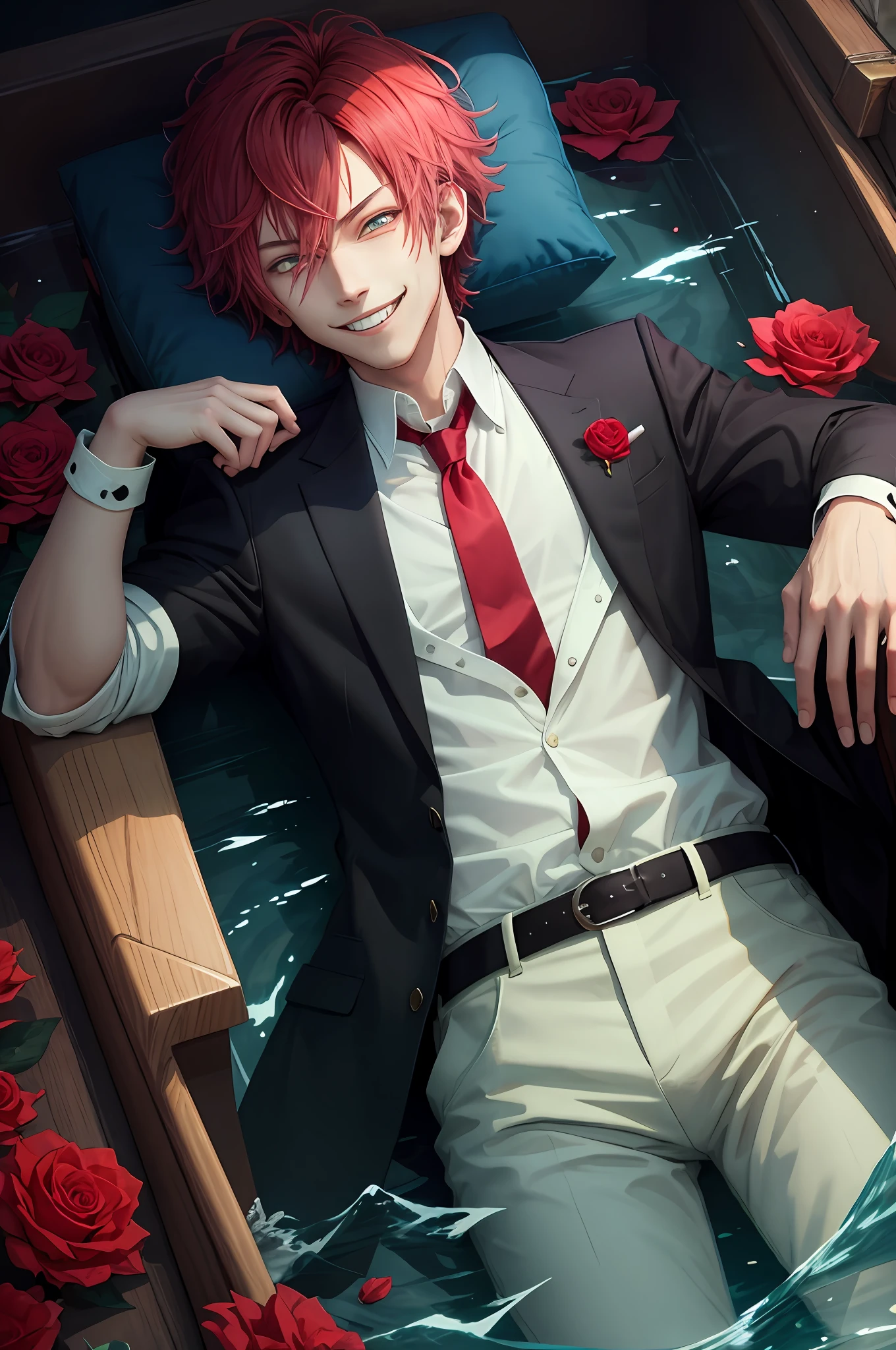 ((lying)), coffin, perfect eyes:1.2, detailed eyes:1.4, (masterpiece, best quality:1.2), vampire teeth, in water, flowers, male focus, 1boy, sakamaki ayato, grin, looking at viewer, hand on hip, red hair, open clothes, jacket, shirt, red necktie, black pants