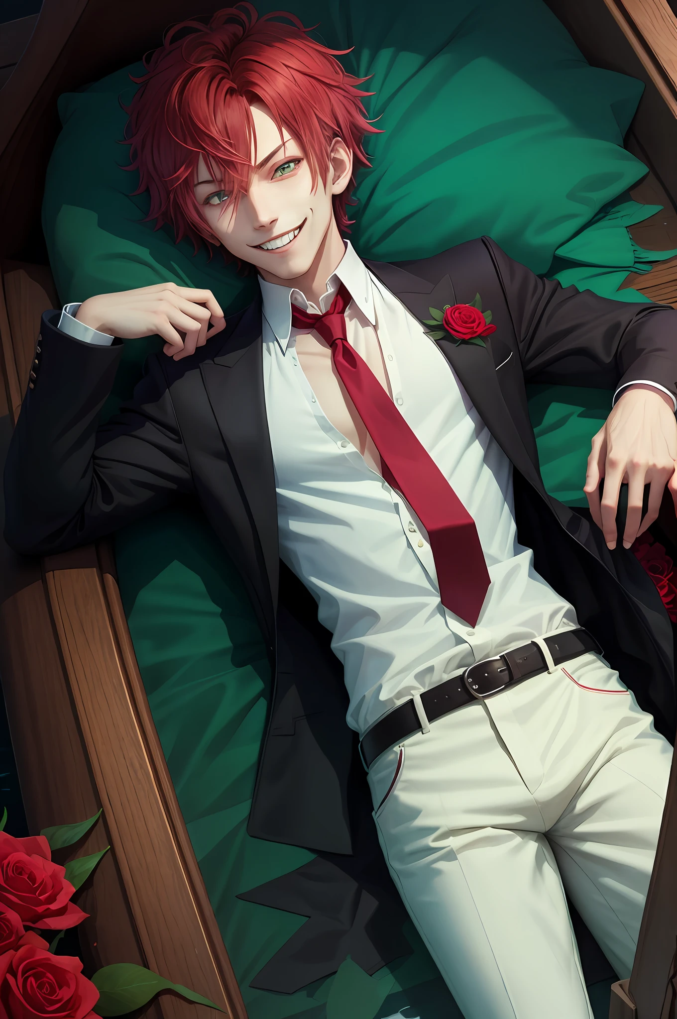 ((lying)), coffin, perfect eyes:1.2, detailed eyes:1.4, (masterpiece, best quality:1.2), vampire teeth, in water, flowers, male focus, 1boy, sakamaki ayato, grin, looking at viewer, hand on hip, red hair, open clothes, jacket, shirt, red necktie, black pants