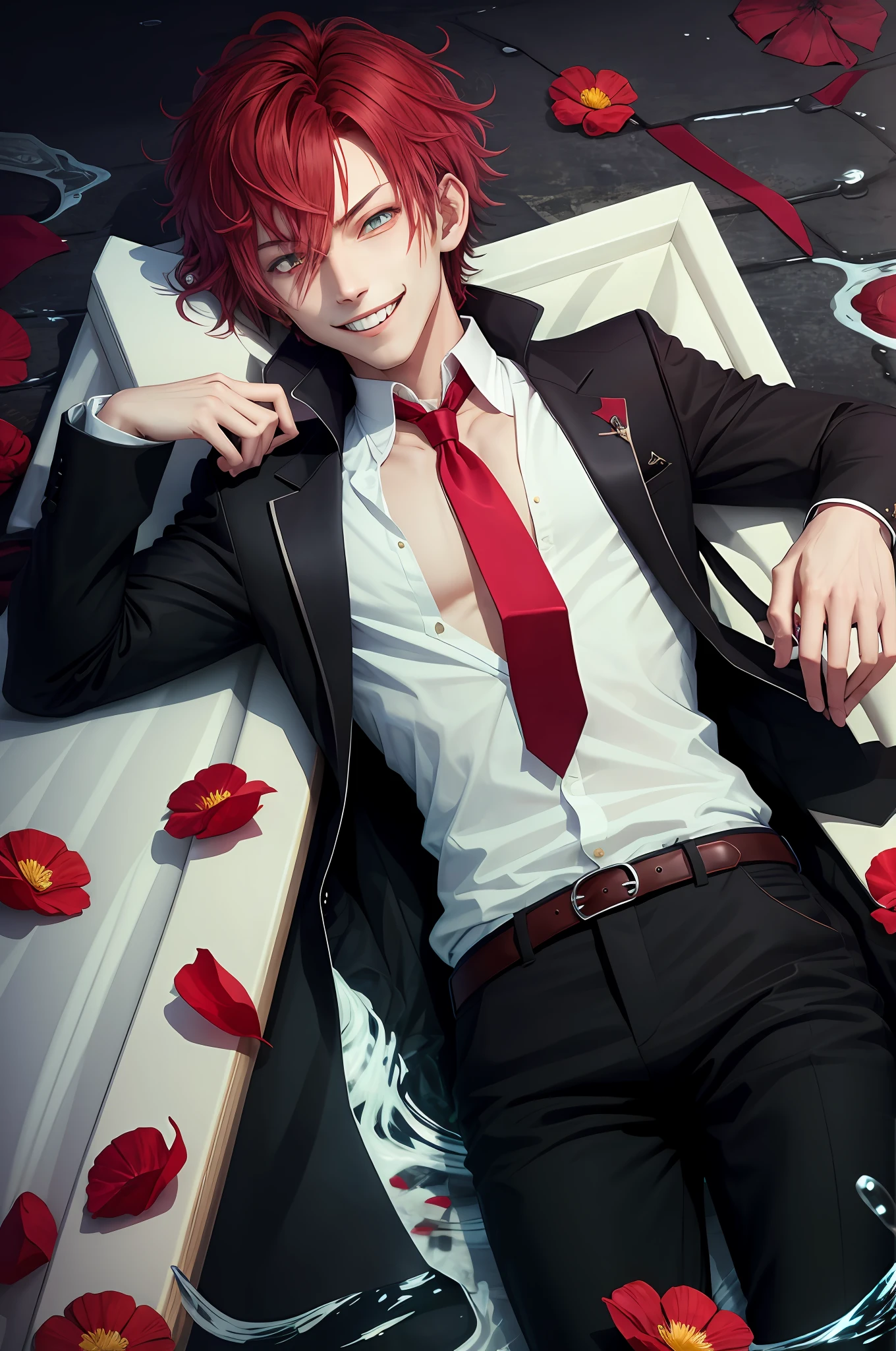 ((lying)), coffin, perfect eyes:1.2, detailed eyes:1.4, (masterpiece, best quality:1.2), vampire teeth, in water, flowers, male focus, 1boy, sakamaki ayato, grin, looking at viewer, hand on hip, red hair, open clothes, jacket, shirt, red necktie, black pants