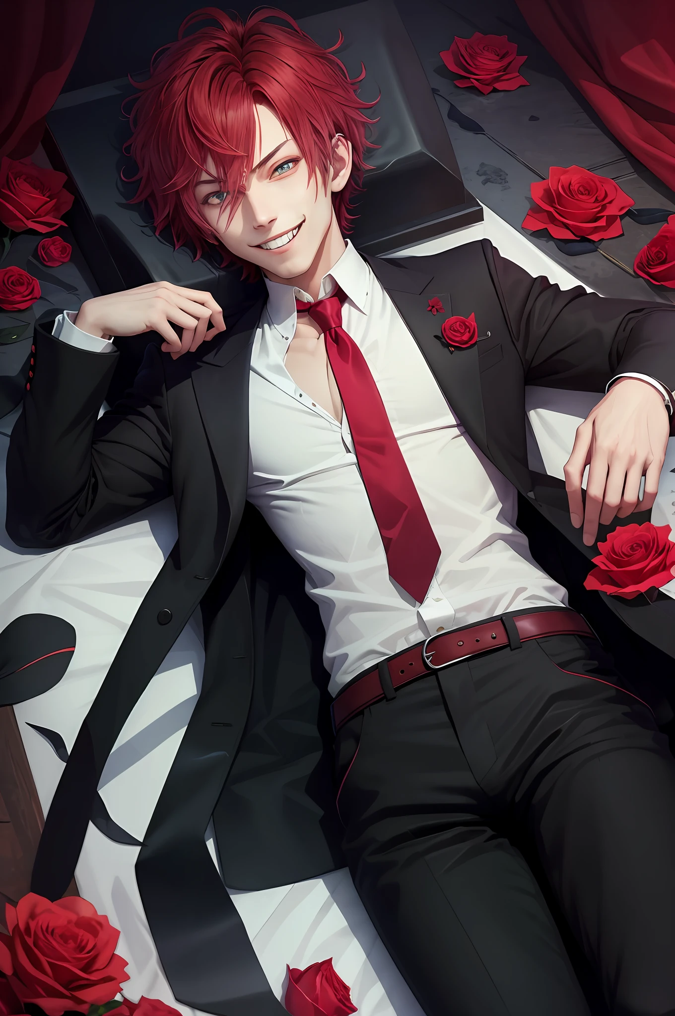 ((lying)), coffin, perfect eyes:1.2, detailed eyes:1.4, (masterpiece, best quality:1.2), vampire teeth, in water, flowers, male focus, 1boy, sakamaki ayato, grin, looking at viewer, hand on hip, red hair, open clothes, jacket, shirt, red necktie, black pants