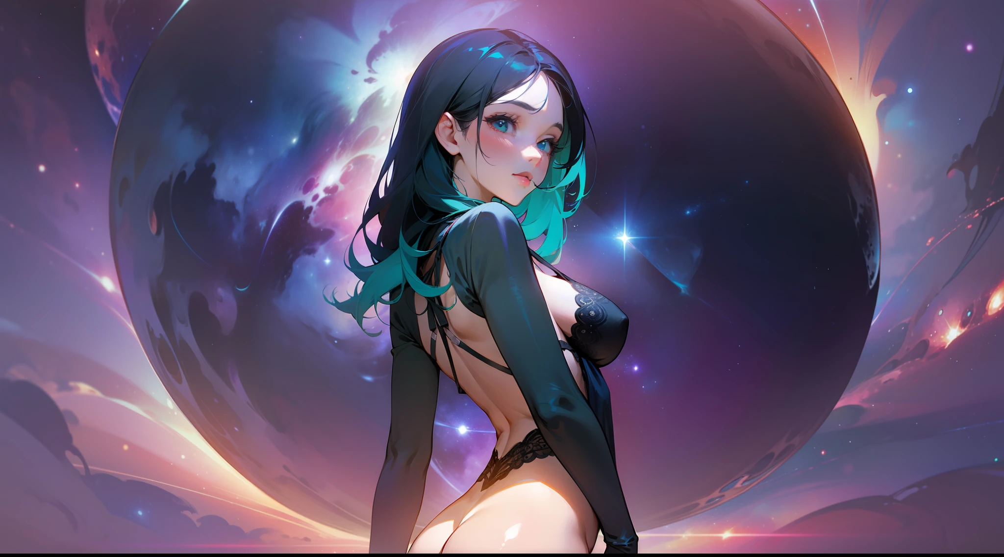 beautiful woman with black hair with teal streaks,big ass, standing, posing, sensual, sexy, realistic, perfect quality, realistic face, realistic eyes,vision behind the ass, sensual lingerie, cosmic nebula stars background