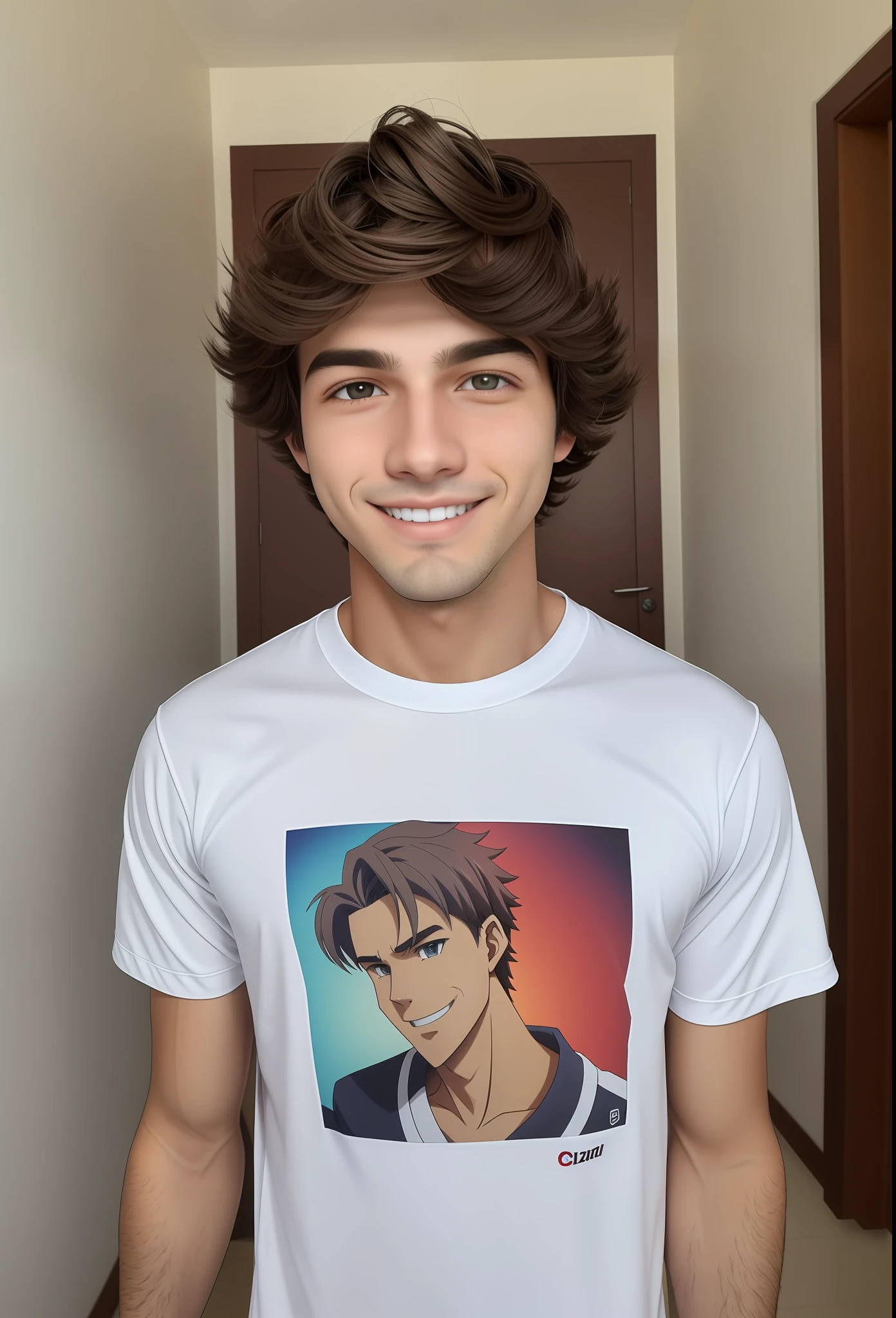 Um adolescente masculino  de 19 anos, cabelo loiro: 1.9, cabelo  liso repartido de lado curto: 1.9, de olhos azuis claro: 1.9, com blusa de anime: 1.9, foto da cintura pra cima: 1.9, fazendo selfie olhando pra camera, no quarto dele: 1.9, sorrindo: 1.9, em 8k.