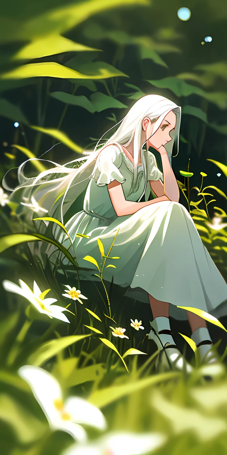 (masterpiece, best quality),1girl with long white hair sitting in a field of green plants and flowers, her hand under her chin, warm lighting, white dress, blurry foreground
